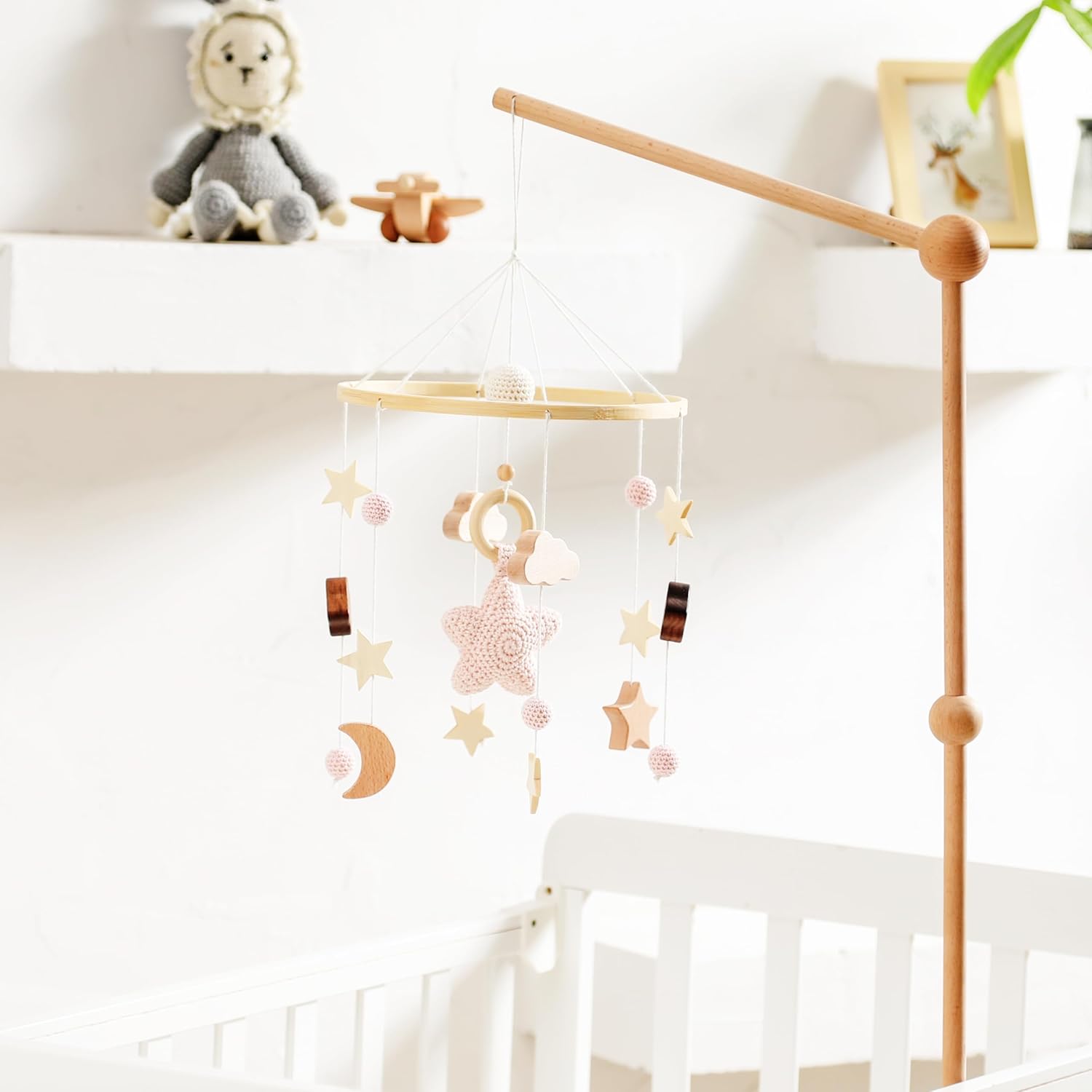 Baby Crib Mobile for Boys Girls| Boho Nursery Mobile| Gender Neutral Hand-Crocheted Mobile| Ceiling Mobile - Stars, Clouds, Moon (Pink)