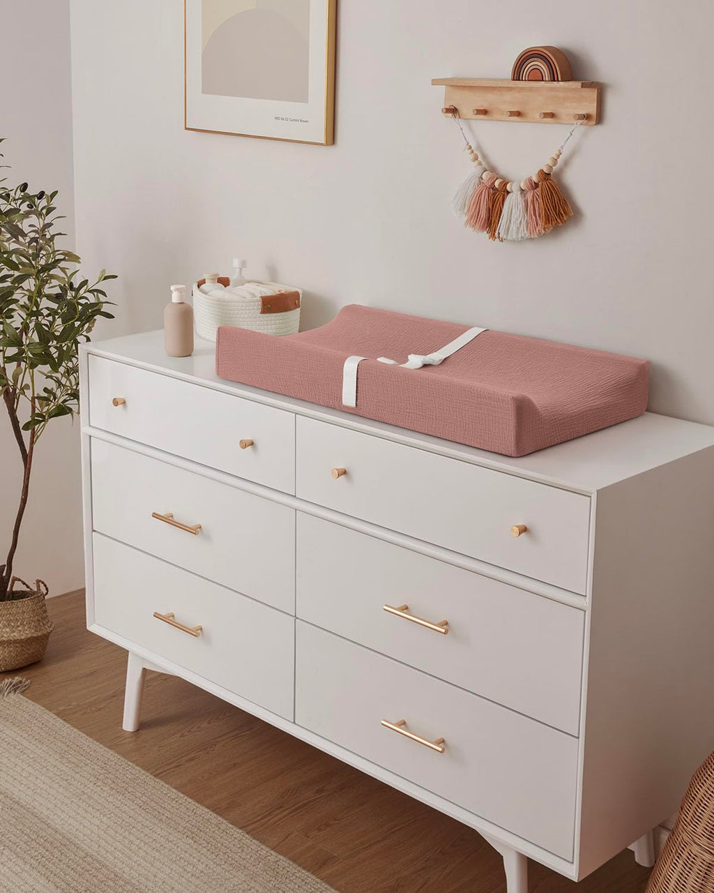 Blissful Diary Muslin Baby Changing Pad with Waterproof Lining Foam, Diaper Changing Table Pad with Cover for Dressers (Dusty Pink, Rectangular)