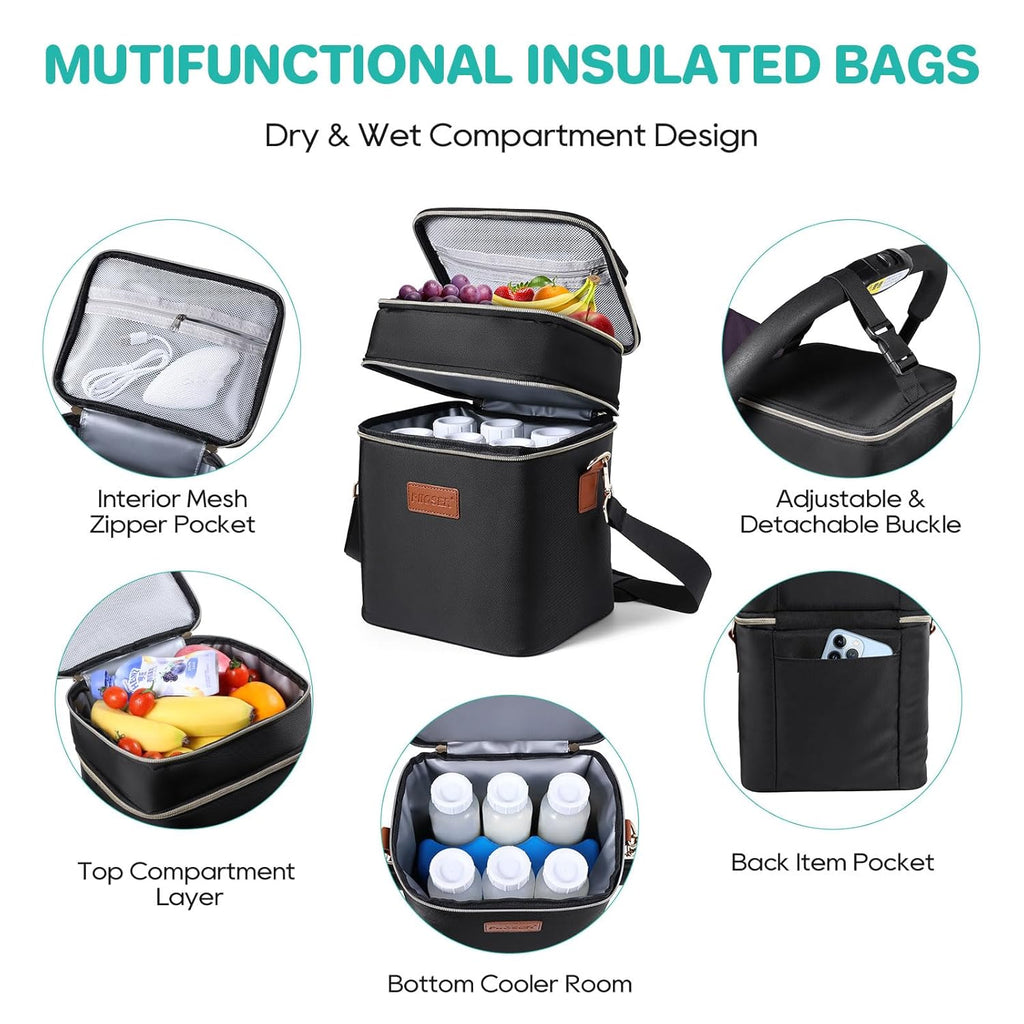 PIIOSER Breastmilk Cooler Bag with Ice Pack Fits 6 Baby Bottles Up to 9 Ounce, Insulated Baby Bottle Tote Bags, Double Layer Waterproof Leak-Proof with Shoulder Strap for Nursing &Working Mom