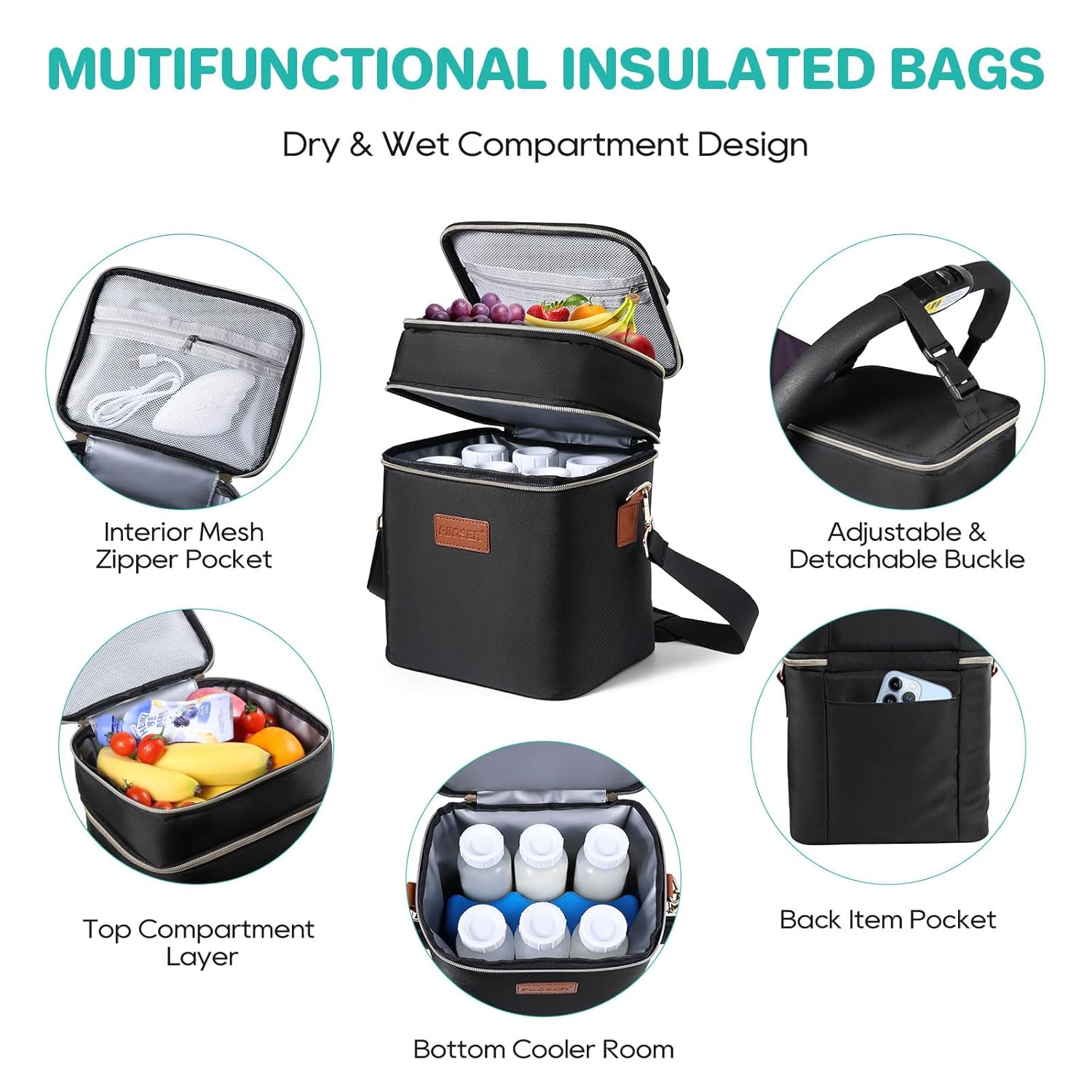 PIIOSER Breastmilk Cooler Bag with Ice Pack Fits 6 Baby Bottles Up to 9 Ounce, Insulated Baby Bottle Tote Bags, Double Layer Waterproof Leak-Proof with Shoulder Strap for Nursing &Working Mom