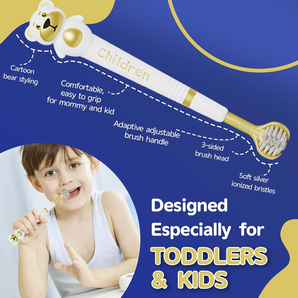 3 Sided Toothbrush for Kids, Japanese Design Triple-Angle Toothhugger, Cartoon Bear Design for Autism Toddlers, Kids Toothbrush for Aged 3-12, Soft Bristles for Gentle Gum Care (3Pack)