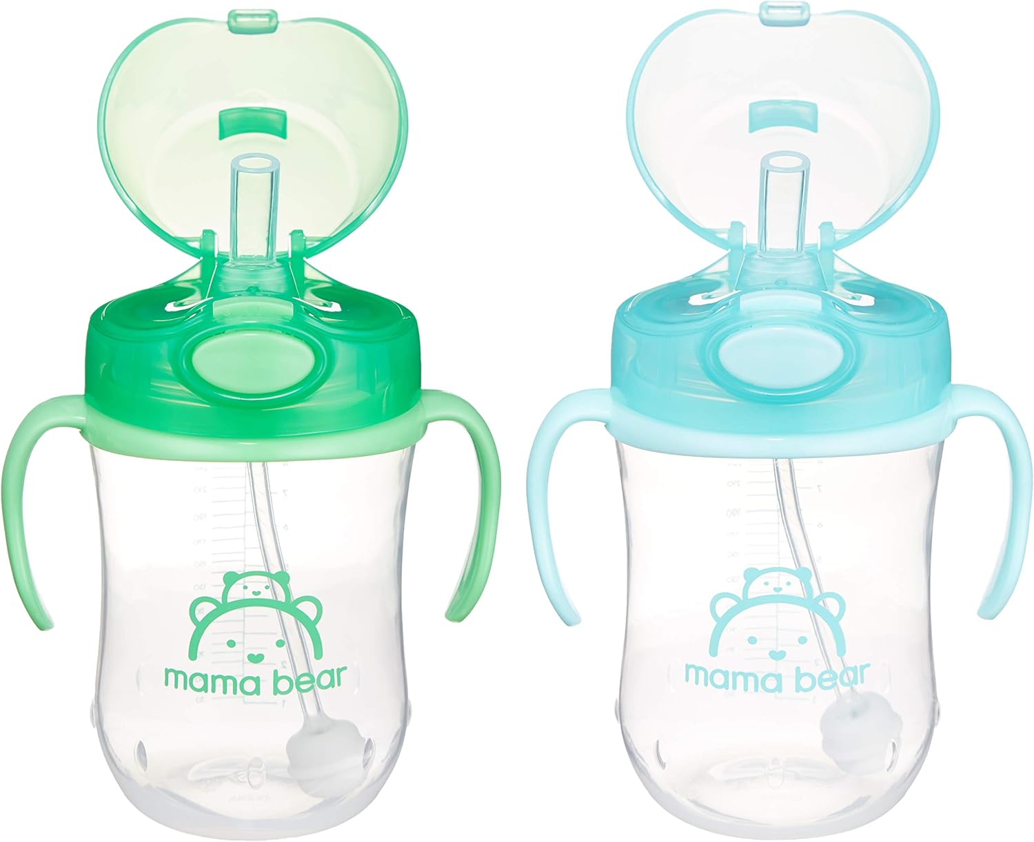 Amazon Brand - Mama Bear Silicone Weighted Straw Sippy Cup, 9 Ounces, Pack of 2, Blue/Green