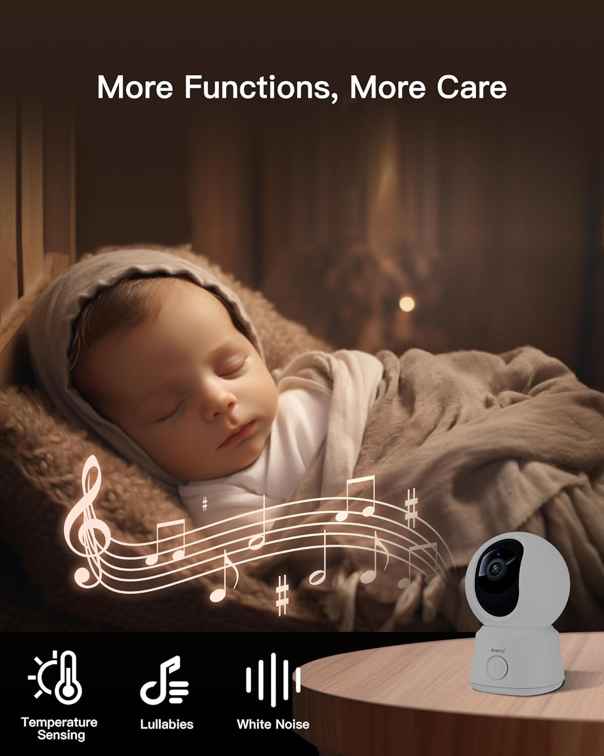 ARENTI B2, 360° View Baby Camera for Pet/Nanny, 2.4g WiFi Only, Temperature Sensor, Sound & Motion Detection, 2 Way Audio, Night Vision, Works Screen2-No Light