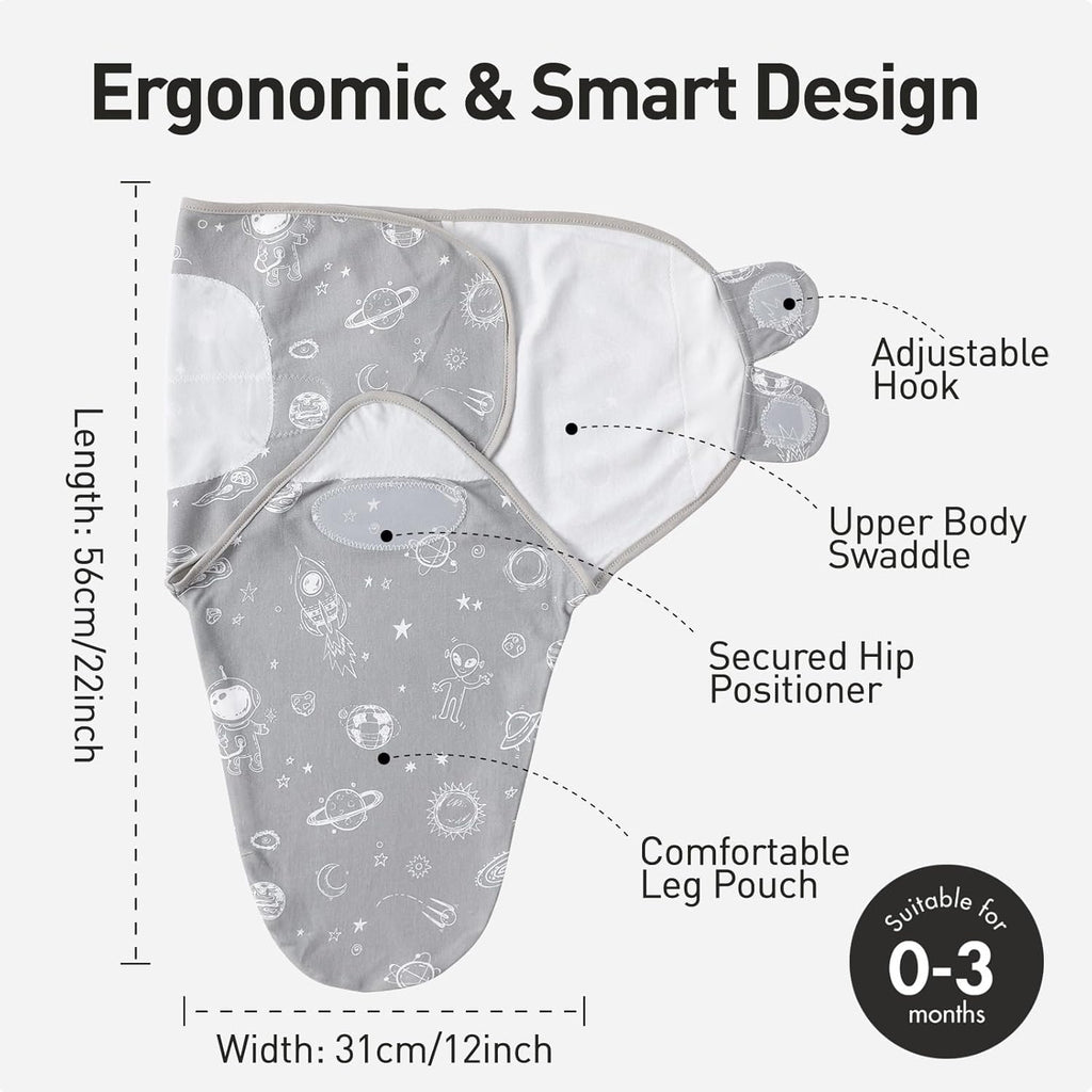 GLLQUEN BABY Organic Newborn Swaddles Sleep Sack, Swaddle Blankets for Baby Boy, 3 Pack Adjustable Wrap Set, Gray Starry Sky & Astronaut, 0-3 Months (Small/Medium)