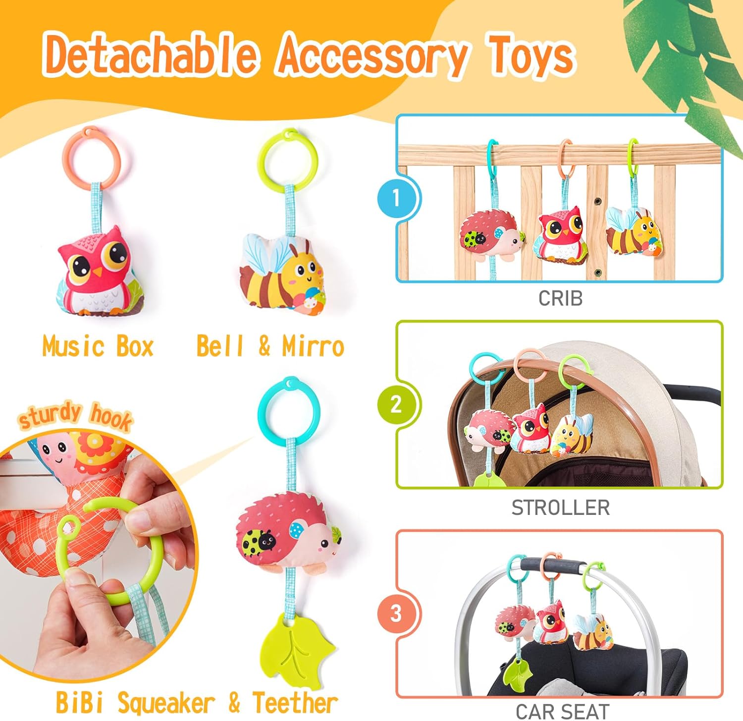 Jollybaby Crib Stroller Car Seat Toys for Baby 0-3-6-9-12 Months, Tummy Time Hanging Sensory Toys for Newborn with Music Box and Teether, Spiral Carseat Toy for Infant Boys Girls Gifts (Yellow)