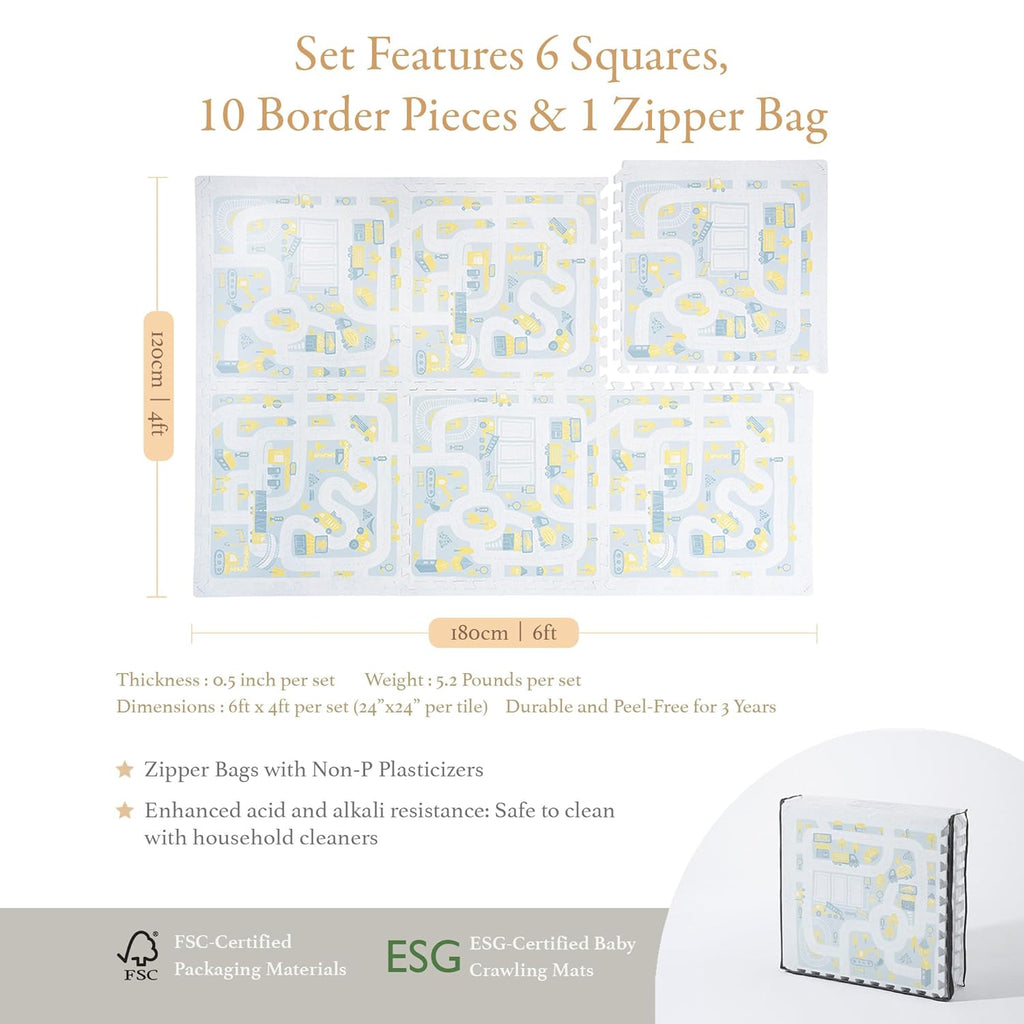 Premium Baby Foam Play Mats - Stylish Floor & Exercise Puzzle Mat for Toddlers and Kids- 6 Soft, Non-Toxic, Odorless, Peel-Resistant Foam Tiles - 6ft x 4ft- 0.5” inch Thick, Pastel Blue Gray