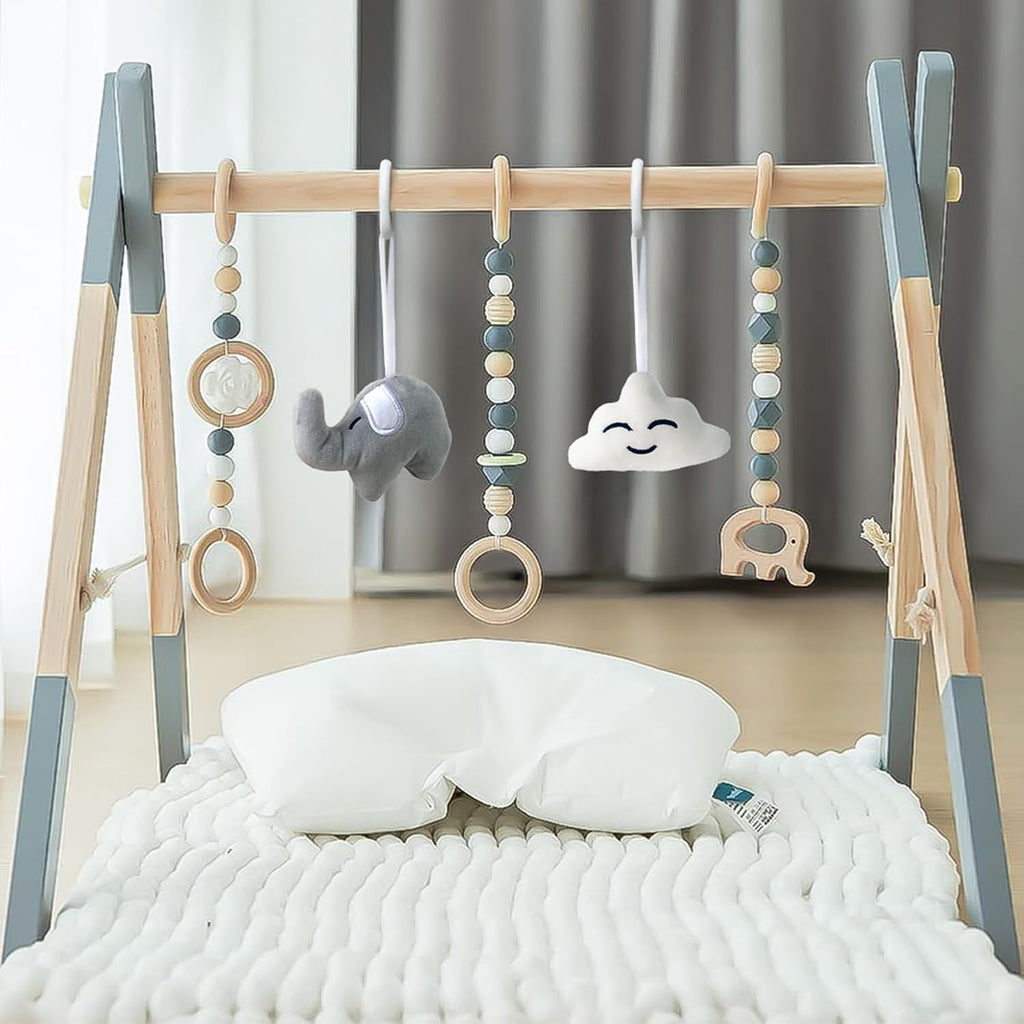 Wooden Foldable Baby Play Gym Frame Activity Hanging Bar With 5 Toys - Natural for Newborn (Grey)
