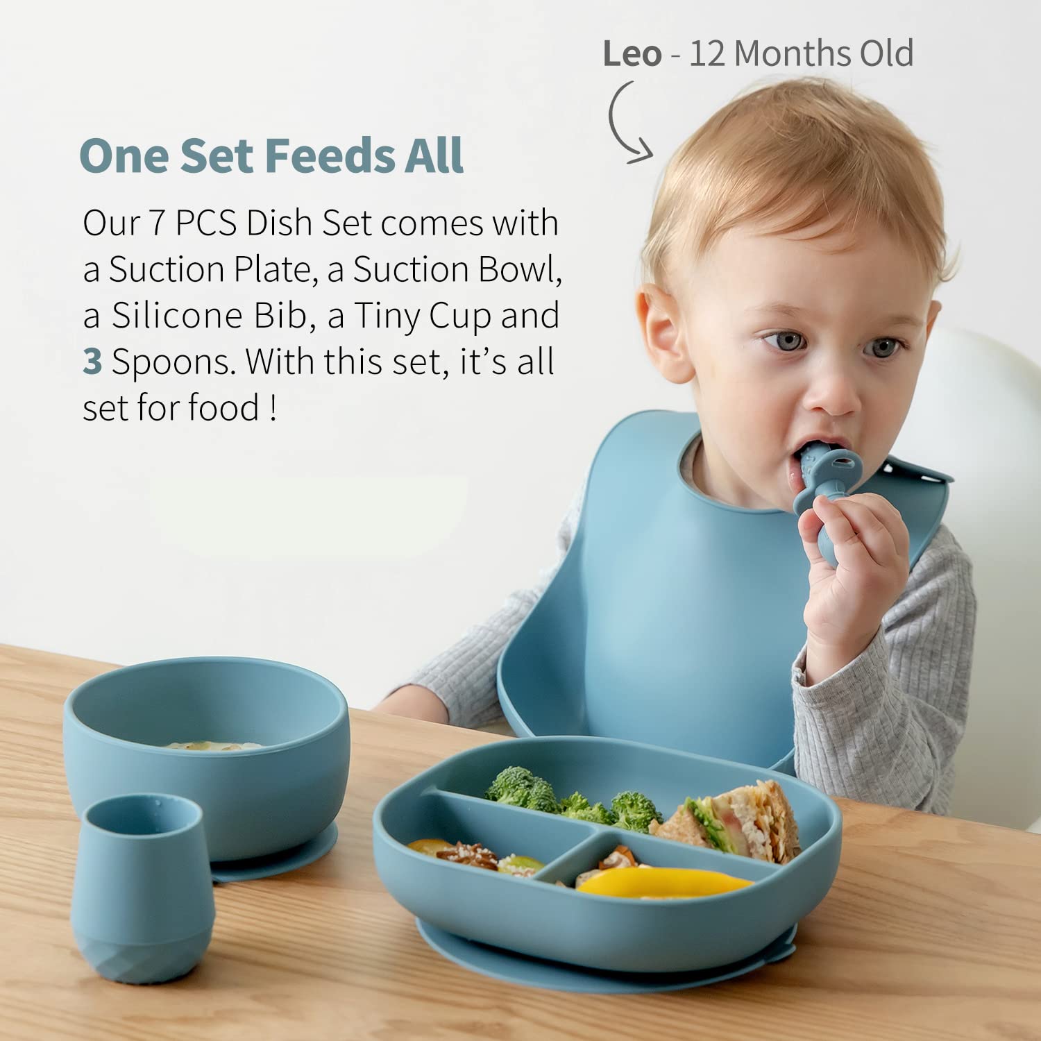 SAMiGO Silicone Baby Feeding Set, Baby Led Weaning Supplies, Suction Bowl Plate Bib Cup Self Feeding Spoons, Solid Food Eating Essentials, First Stage Utensils, 6+ Months