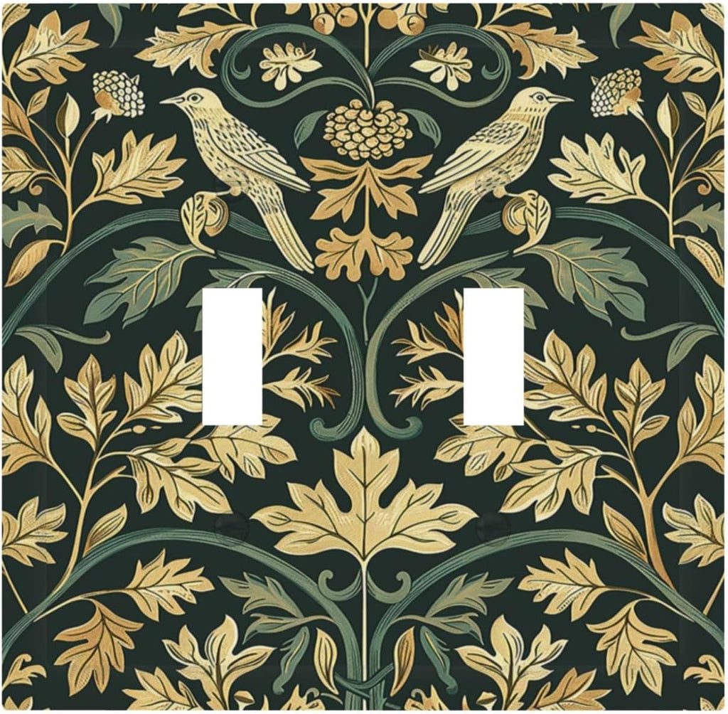 Decorative Switch Plates William Morris Vintage Botanical Birds Golden Green Leaves 2 Gang Double Toggle Outlet Light Switch Cover Wall Plate Electrical Faceplate for Bedroom Home Decor