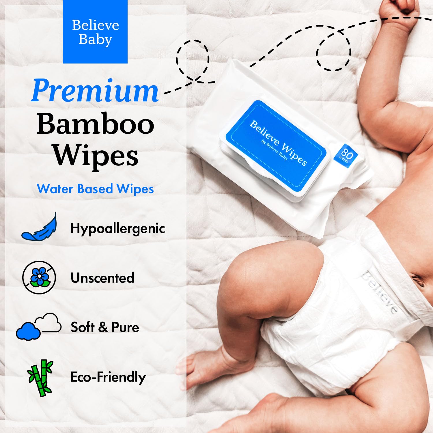 Believe Viscose Bamboo Baby Wipes 80pc x 4 Packs (320ct), Multi-Use Water Based Wipes Baby Sensitive Skin, Hypoallergenic and Fragrance Free for Babies – Gentle Plant-Based Viscose Bamboo Wet Wipe