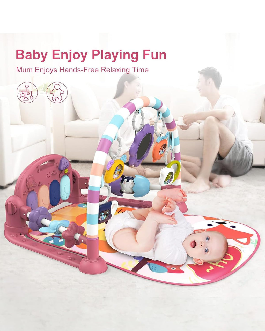 Dearlomum Play Mat and Gym - Piano Tummy Time Activity Mat With 5 Sensory Toys, Music and Lights - Gifts for Newborn 0 to 12 Months (New Pink)