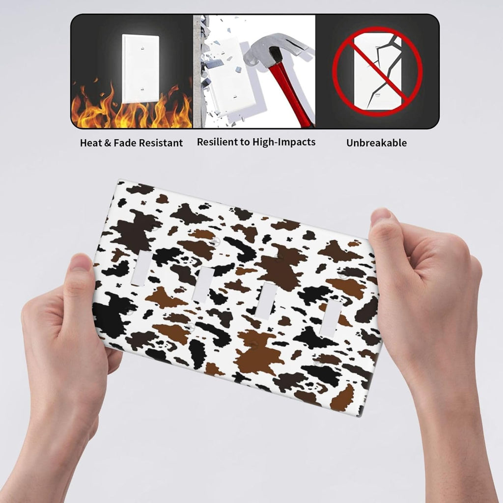 Light Switch Covers Rustic Cowhide Highland Cow Milk Cow Quad Toggle Electrical Faceplate 4 Gang Wall Plate Decorative Switch Plates For Farmhouse Home Decor