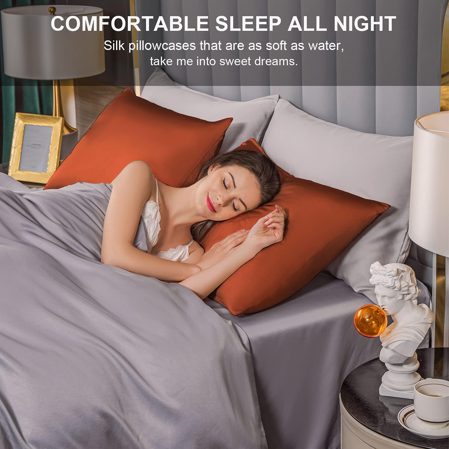 Mulberry Silk Pillowcase for Hair and Skin,Queen Size Cooling Silk Pillow Case with Hidden Zipper,Allergen Proof Dual Sides Soft Breathable Smooth Silk Pillow Cover for Women(Queen,Orange)