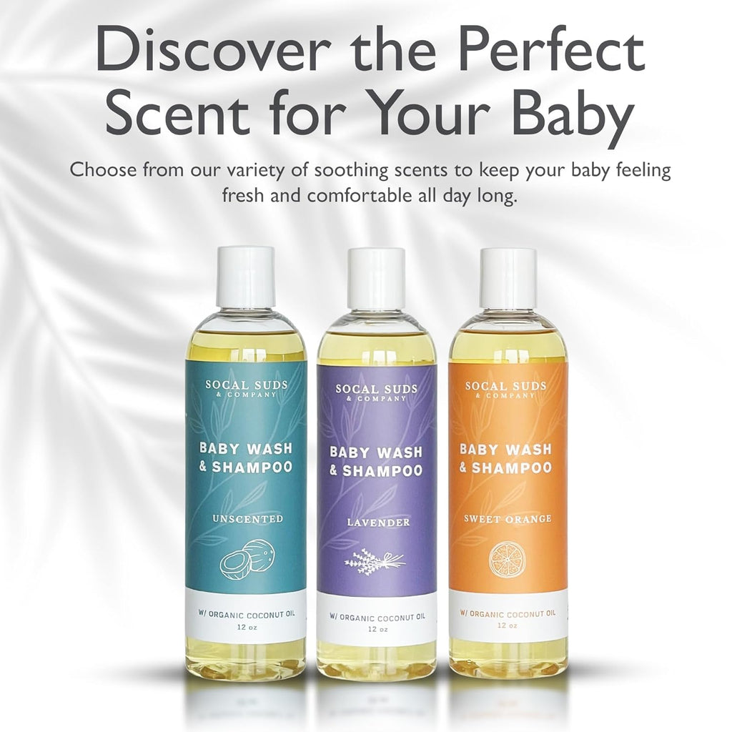 SoCal Suds & Company Baby Shampoo & Body Wash, 2-in-1 Organic Gel - Gentle Castile Soap with Vitamin-Infused Oils & Botanicals for Sensitive Skin & Body Hypoallergenic - 12oz Fragrance Free
