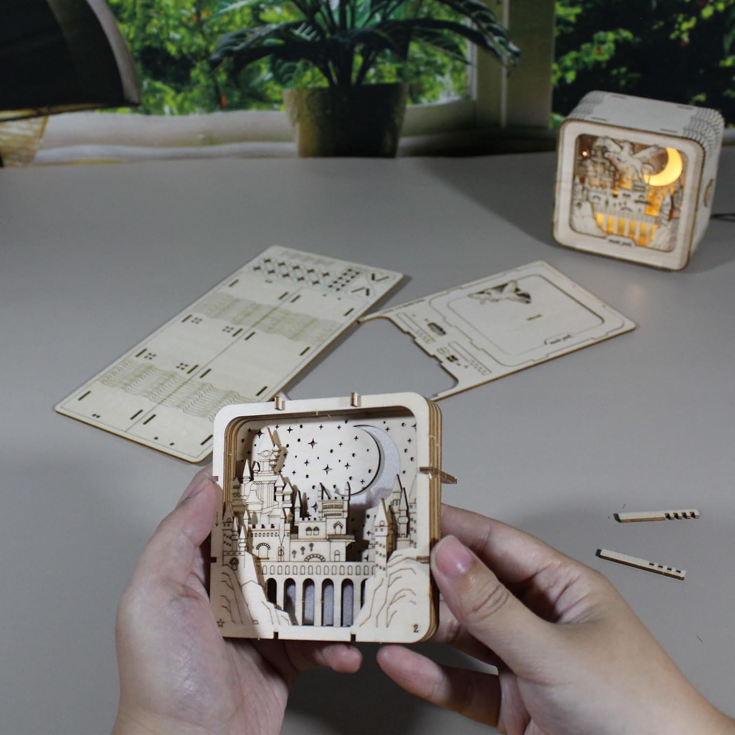 Music Park 3D Wooden Puzzles for Adults, ‎Unique Pegasus Castle Building Model Kit Night Lights, DIY Desk Decor Birthday Gifts Crafts for Adults and Kids Family Game