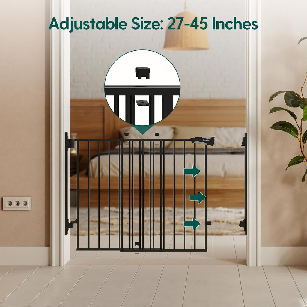 Babelio 27-45" No Bottom Bar Baby Gate with Easy Installation, 2-in-1 Auto Close Design, Suitable for The House, Stairs, and Doorways, Safety Pet Gates with Large Walk-Thru Door, Black