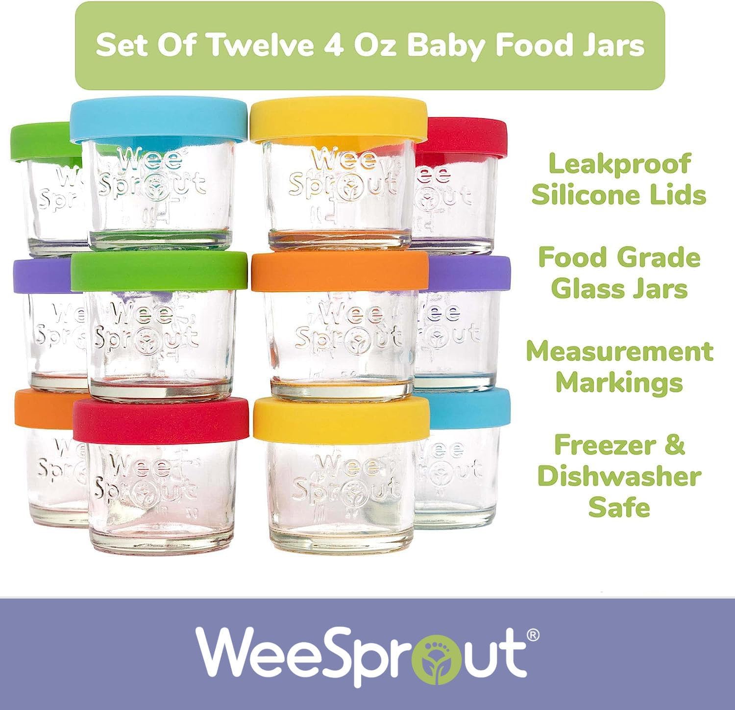 WeeSprout Glass Baby Food Storage Jars w/Lids (4 oz, 12 Pack Set) Snack, Puree, Reusable Small Containers, Breast Milk, Fridge or Freezer, Microwave & Dishwasher Safe, Essential Must Have for Infants