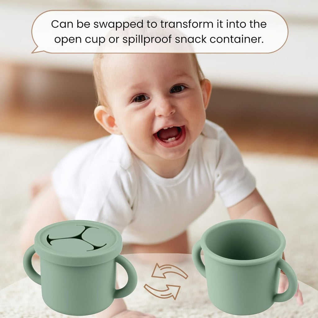 Snack Containers for Toddlers, Kids - 2 Pack Food Grade Silicone Snack Cups with Grip Handle (Natural/Sage)
