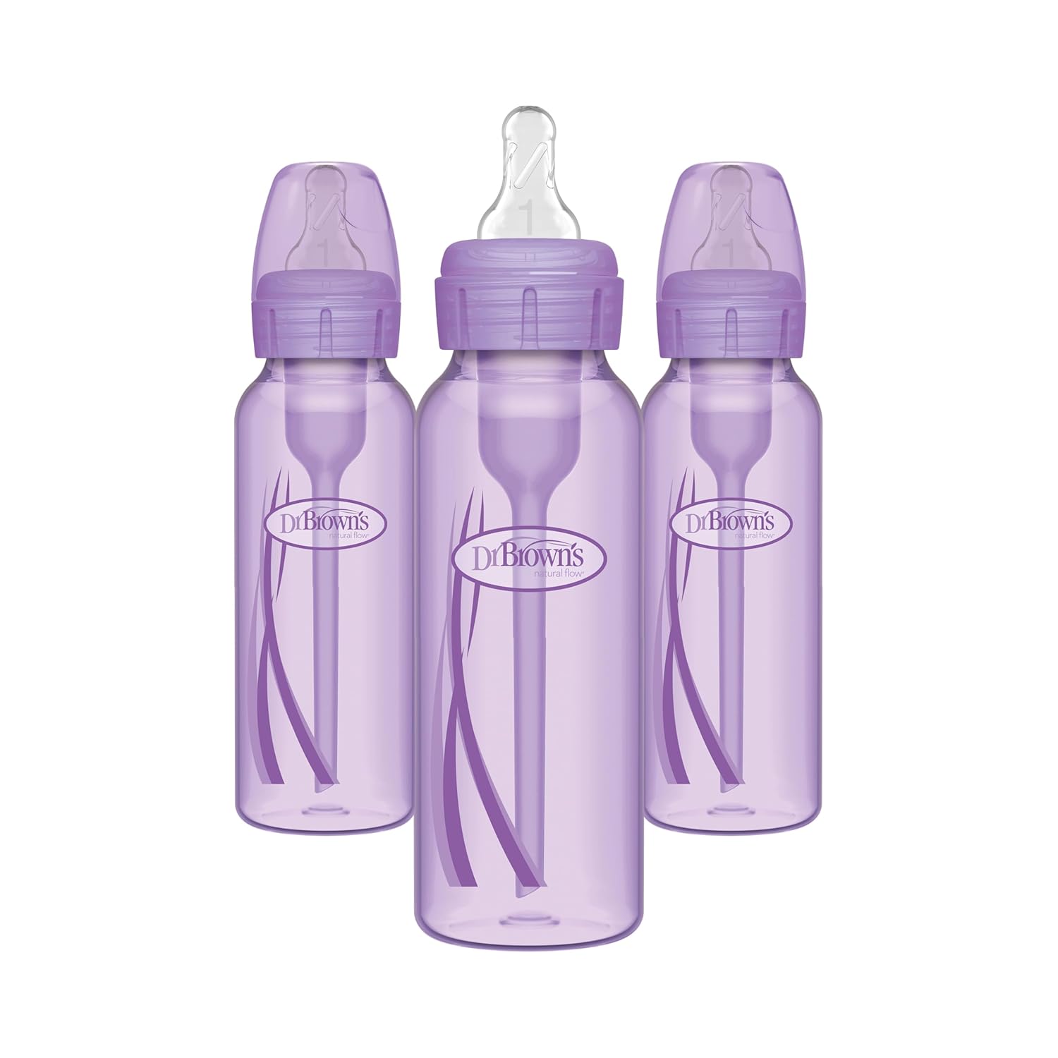 Dr. Brown’s Natural Flow® Anti-Colic Options+™ Narrow Baby Bottles 8 oz/250 mL, with Level 1 Slow Flow Nipple, 3 Pack, Purple, 0m+