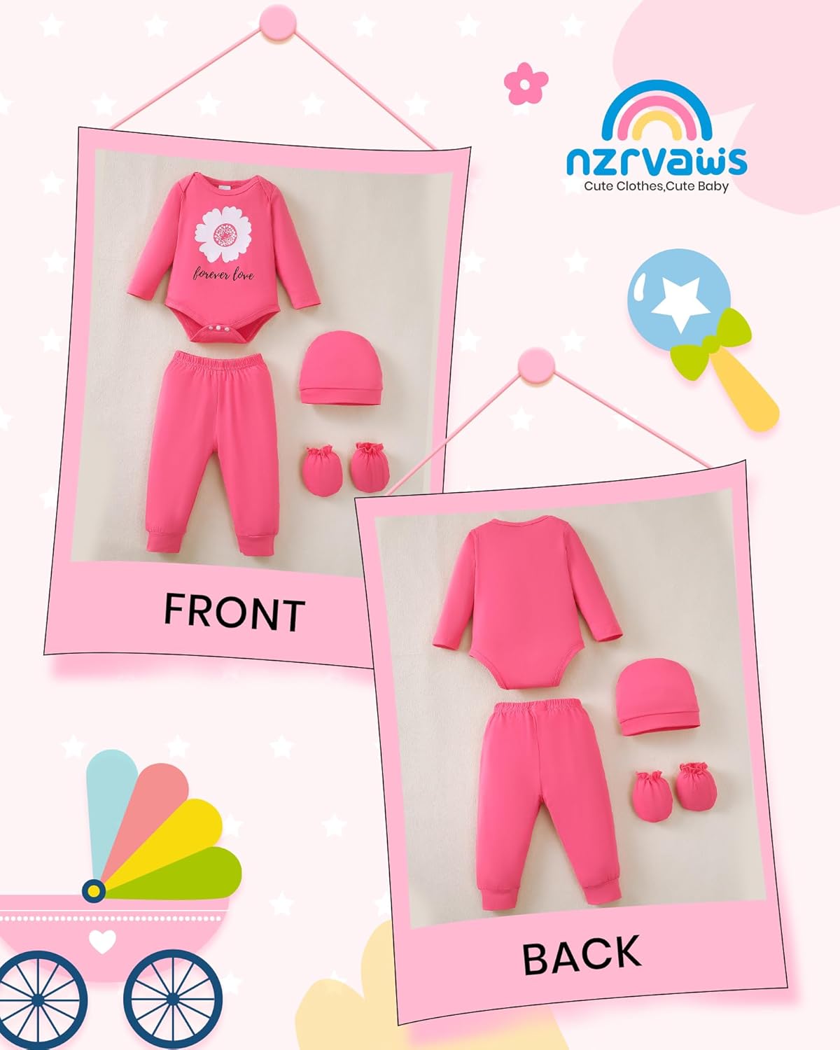 NZRVAWS Newborn Baby Boy Girl Clothes Unisex Infant Romper Pants Set Hat 4-Pack Outfits 0-12 Months 16 Pieces Toddler