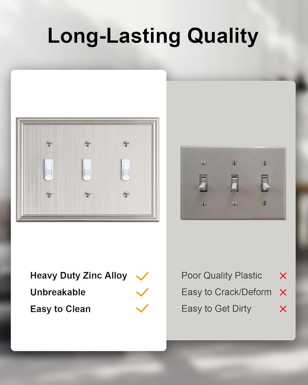 2-Pack Triple Toggle Light Switch Cover Plate, Durable Solid Zinc Alloy Decorative Switch Plate Covers, Brushed Nickel 3 Gang Wall Plate, Corrosion Resistant