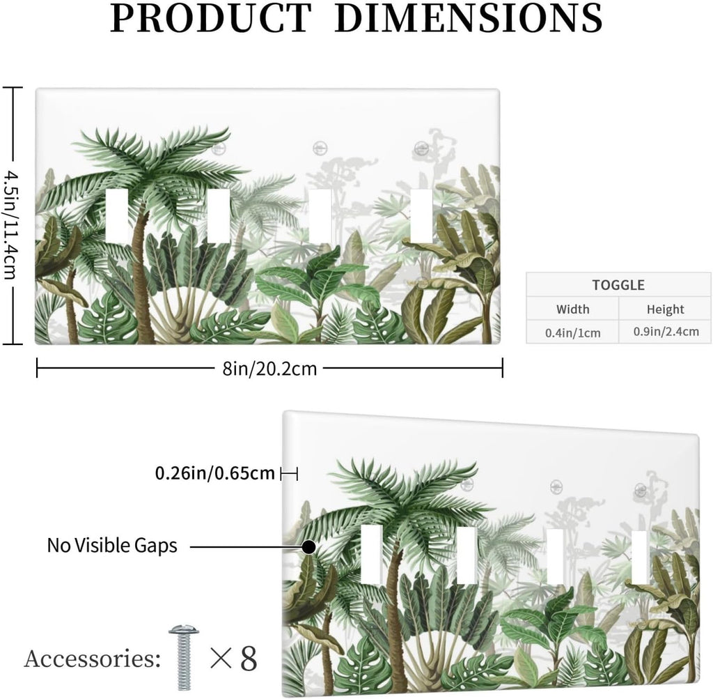 Palm Tree Banana Leaf Green Rainforest Natural Landscape Light Switch Covers Quad Toggle Electrical Faceplate 4 Gang Wall Plate Decorative Switch Plates for Bed Room Living Room Decor