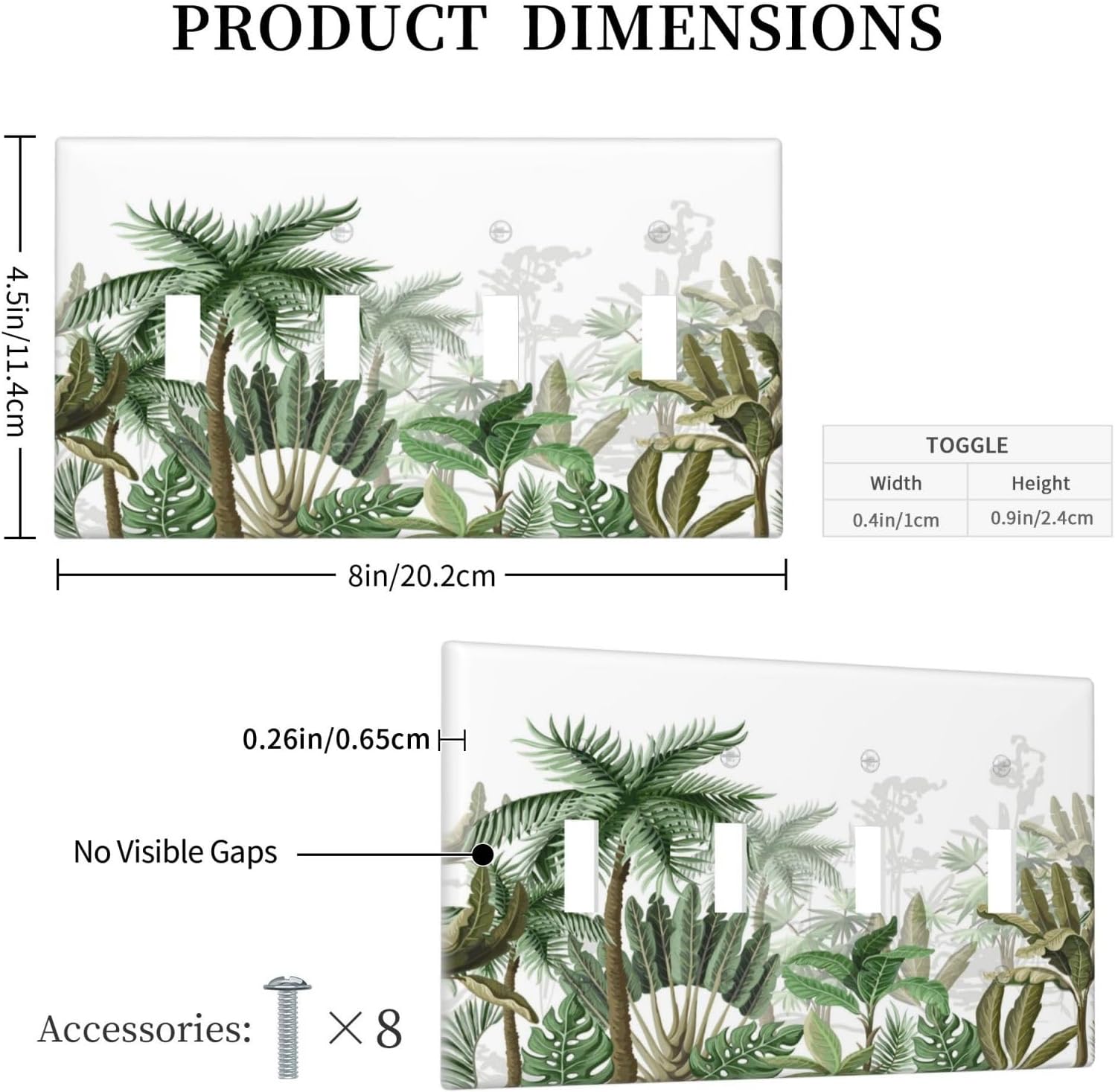 Palm Tree Banana Leaf Green Rainforest Natural Landscape Light Switch Covers Quad Toggle Electrical Faceplate 4 Gang Wall Plate Decorative Switch Plates for Bed Room Living Room Decor