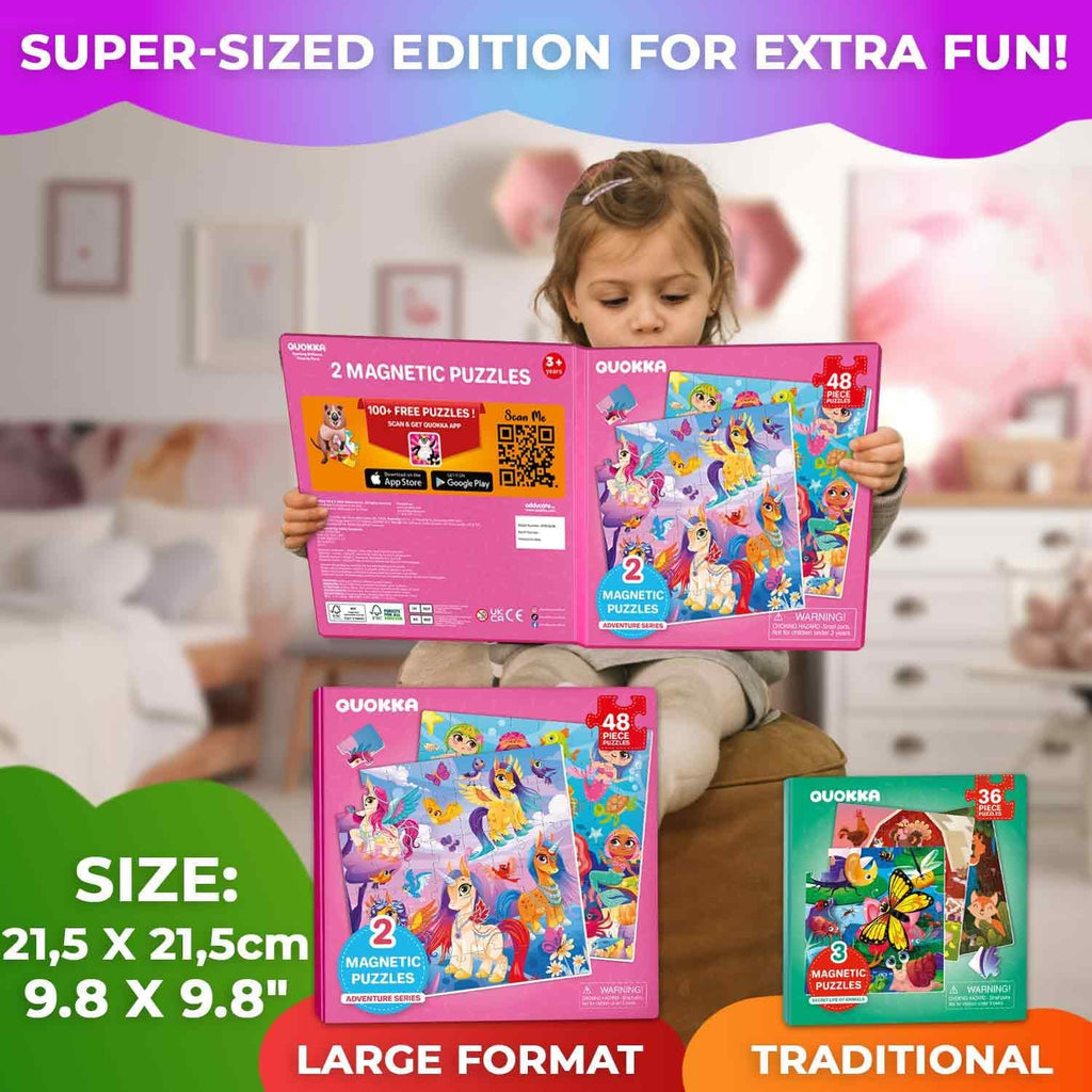 QUOKKA Magnetic Puzzles for Kids Ages 4-6 - 2x48 Travel Puzzle Games for Toddlers 3-5 Years Old - Car Activities Toy for Boys and Girls 2-4 yo - Unicorns & Mermaid Learning Magnet for Road Trip