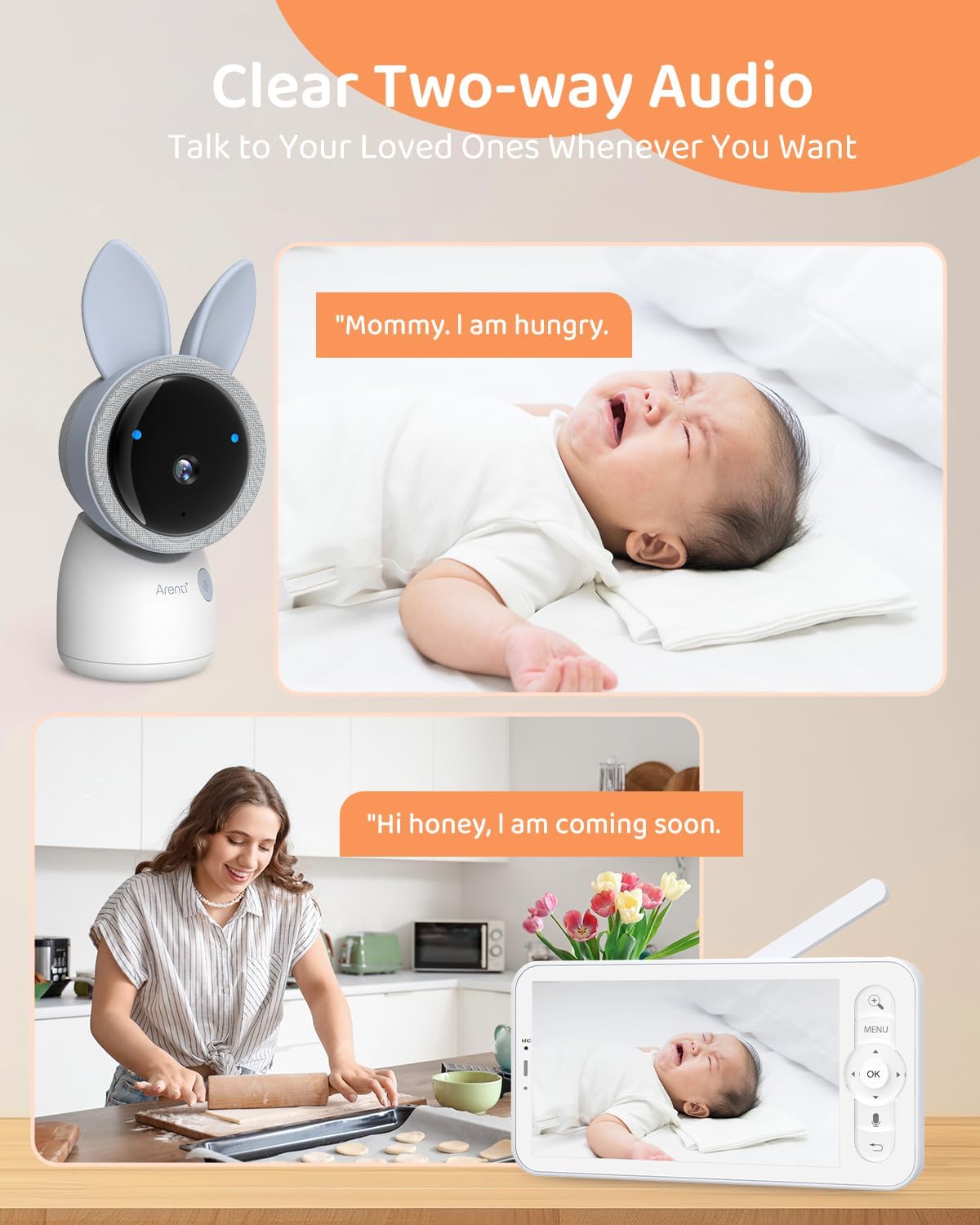 ARENTI 4MP 2.4G&5G WiFi Baby Monitor with 2 Cameras and Audio, Night Light, Auto Traking, Cry&Motion Detection, Temperature Sensor, App Control