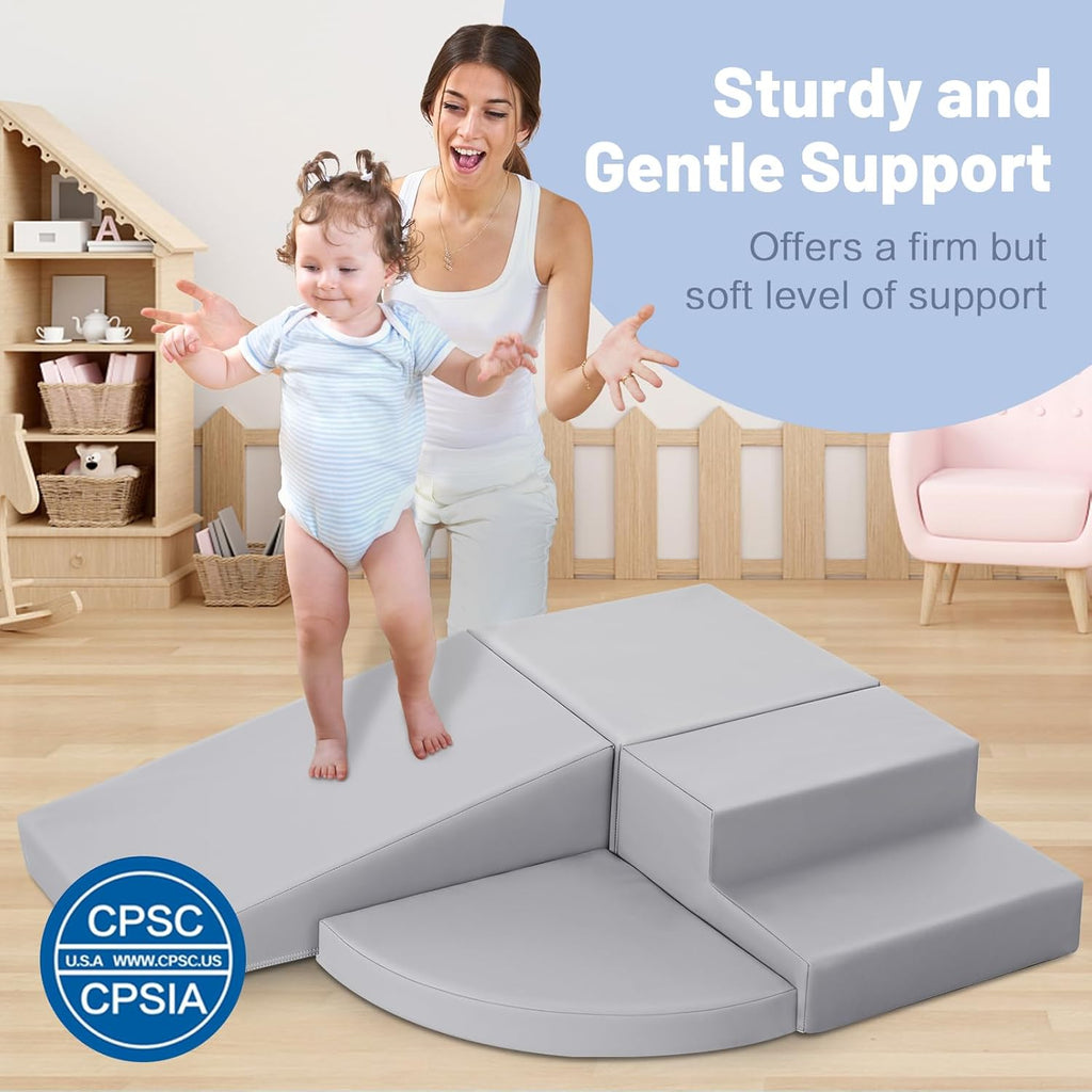 4-Piece PU Leather Baby Foam Climbing Blocks for Toddlers - Soft Play Climbing Toys for Toddlers - Foam Climbing Set for Crawling and Sliding Indoor (Gray)