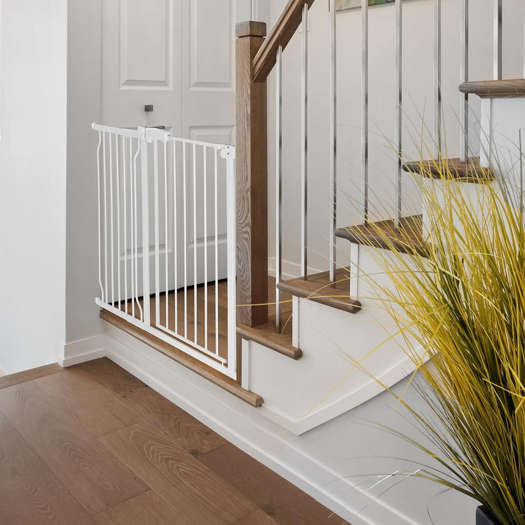 Extra Wide Baby Gate for Stairs Doorways with door, 30" Tall 57.1-66.5" Wide Easy Install Dog Gate indoor, Safety Metal Pressure Mounted Pet Gate with Walk-Thru Auto Close for the House, White