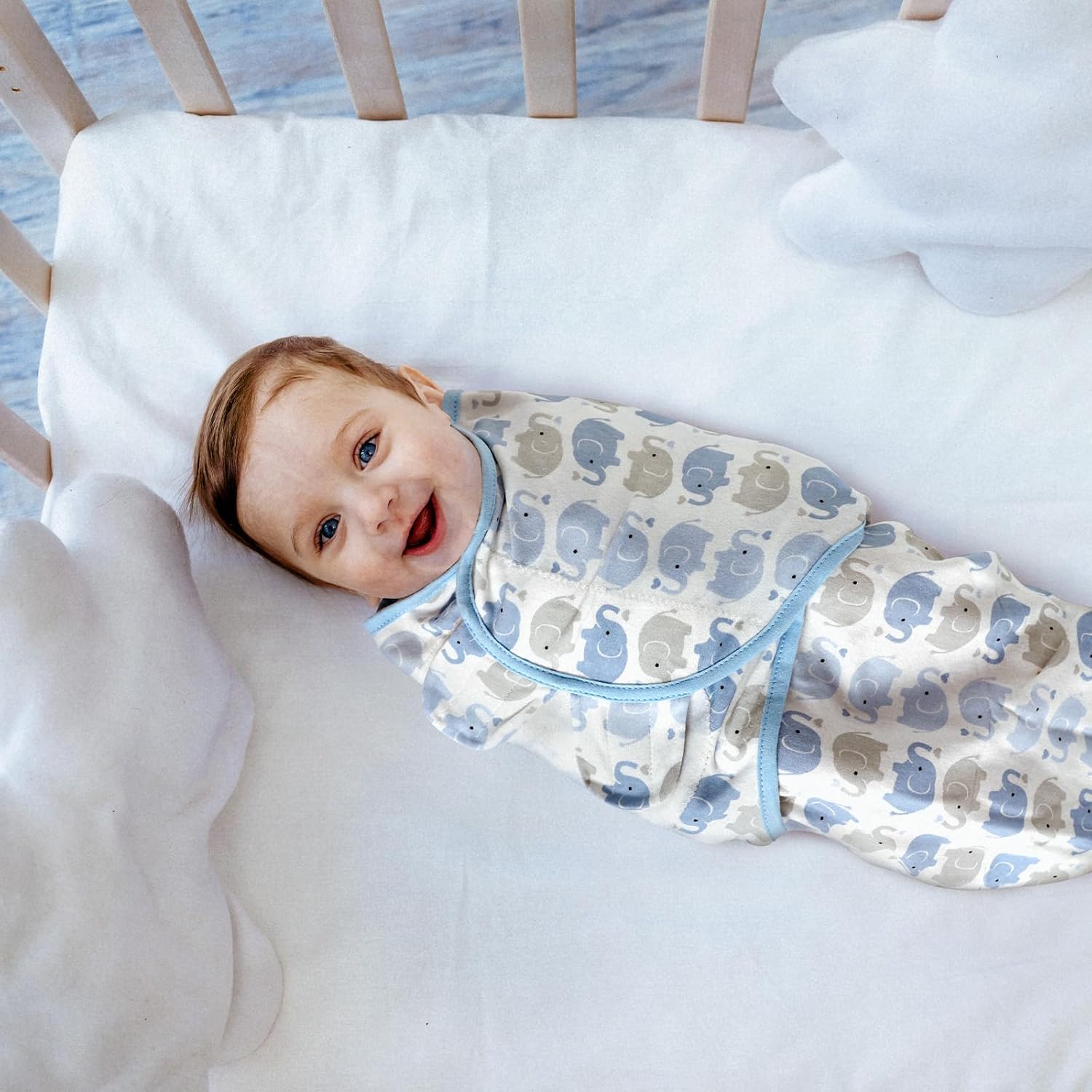 GLLQUEN BABY Swaddle Sleep Sack - 3 Pack Infant Swaddles for Newborn, Baby Swaddling Sack 0-3 Months, Ergonomic Newborn Swaddle Blanket for Baby Boy and Girl, Blue & Elephants