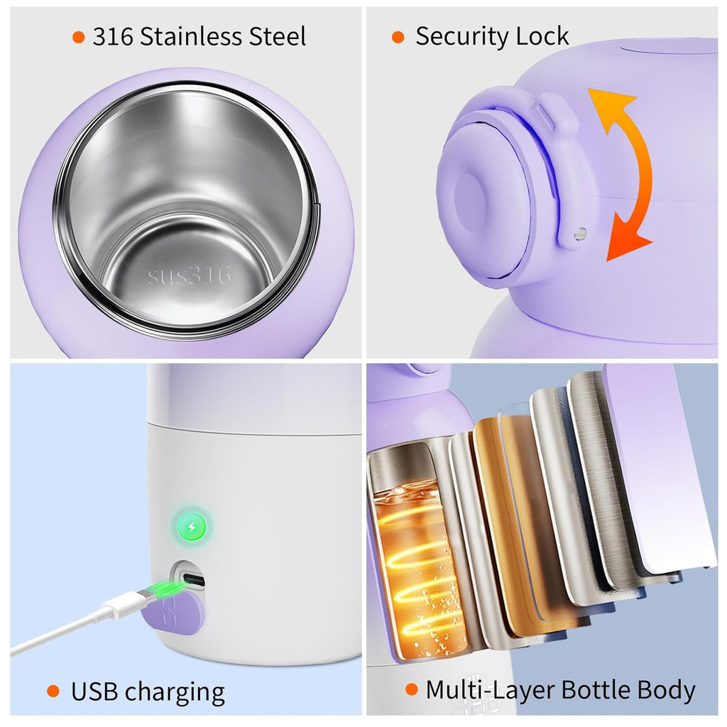 Portable Bottle Warmer for Travel, Large 12oz Capacity with Dual Heating Modes for Breast Milk & Water, Smart Temperature Control, Baby Bottle Warmer for Travel, Gifts for New Mom, Purple