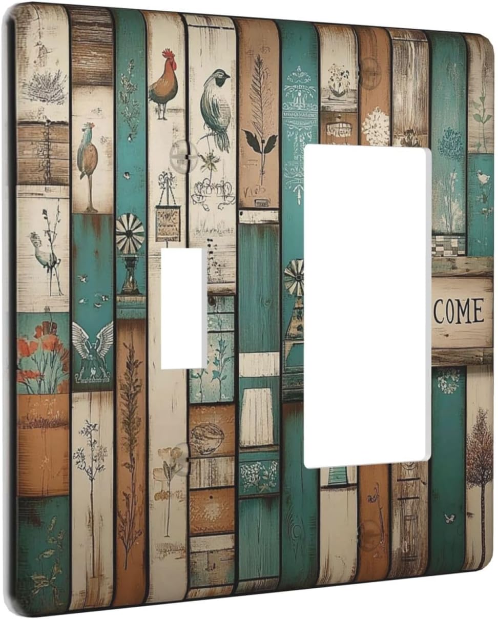 Outlet Covers Vintage Wood Brown Turquoise Splicing 1 Toggle 1 Rocker Combination Decorative Wall Plate Electrical Switch Plates Light Switch Cover Plate For Farmhouse Cabin Decor