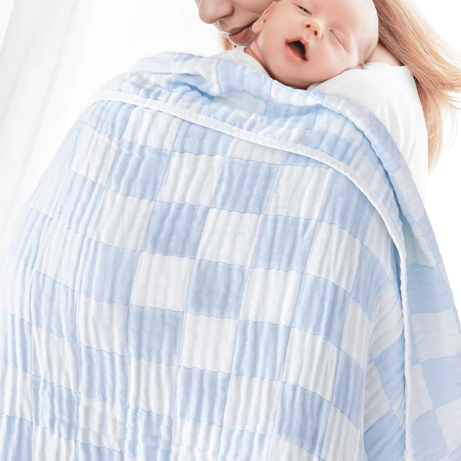 Muslin Baby Blankets for Boys Girls, 70% Cotton and 30% Rayon Blanket for Infant Toddler, Super Soft and Lightweight Blankets with Checkerboard Design Blue 43 x 43 Inches