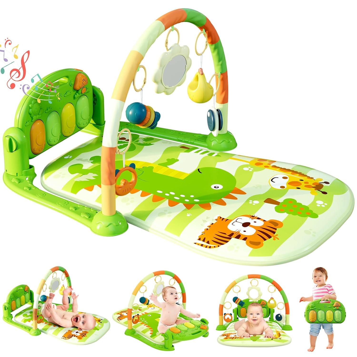 Dearlomum Baby Play Mat & Gym, Funny Piano Tummy Time Activity Mat with 5 Sensory Toys, Music & Lights - Boy & Girl Gifts (0-12 Months, Green)