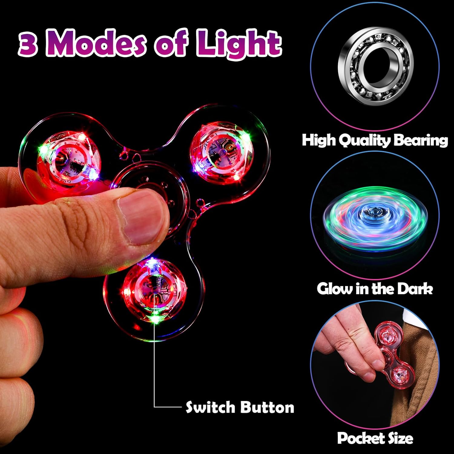 SCIONE 5 Pack Fidget Spinners, LED Light Up Fidget Spinner, Party Favor Goodie Bag Stuffers Glow in The Dark Sensory Toys, Stress Reduction and Anxiety Relief Hand Spinner for Kids