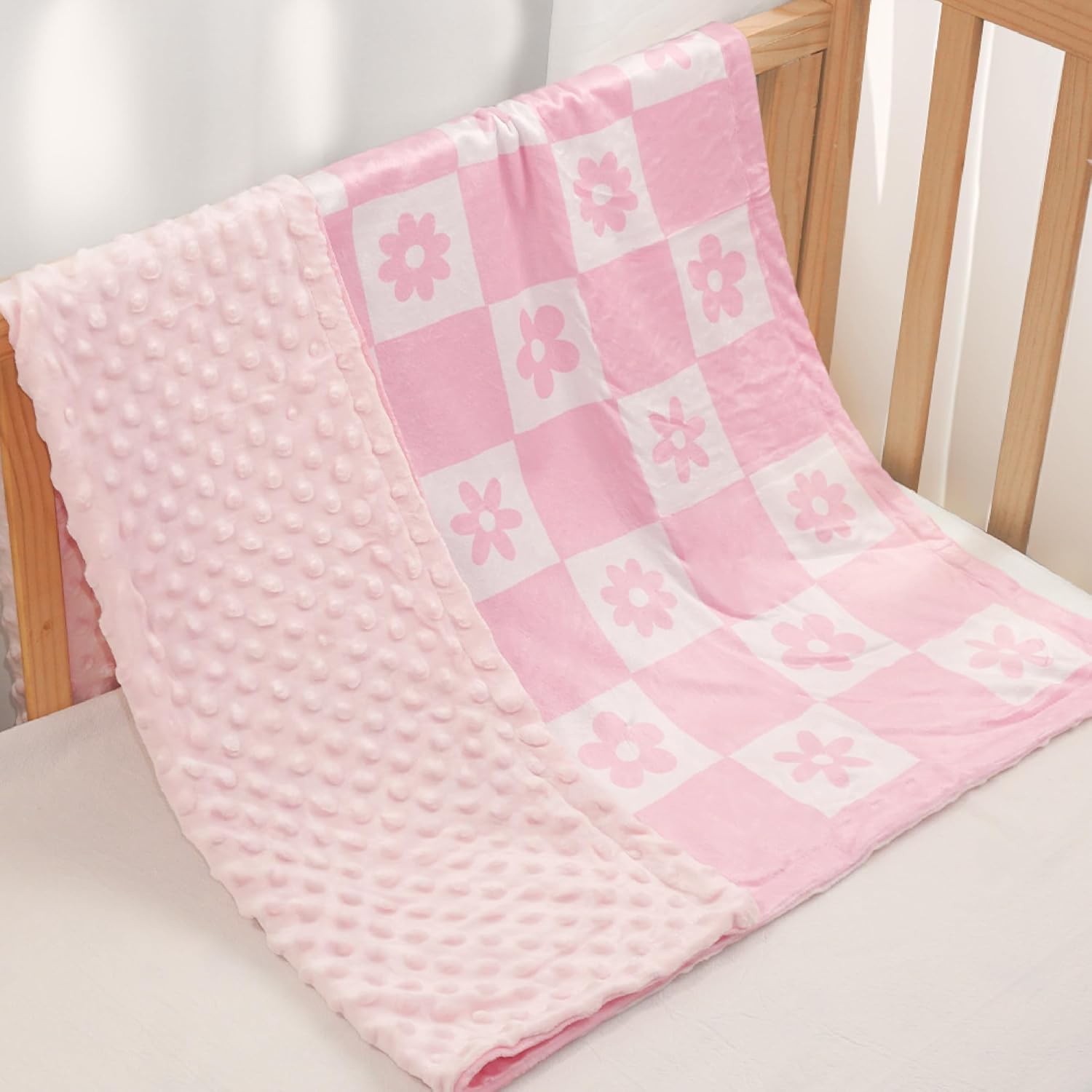 Daisy Minky Baby Blanket 30 x 40 Inches for Girls, Soft Plush Receiving Blanket with Dotted Back, Gift for Toddler Newborn Infant Christmas Birthday Baby Shower