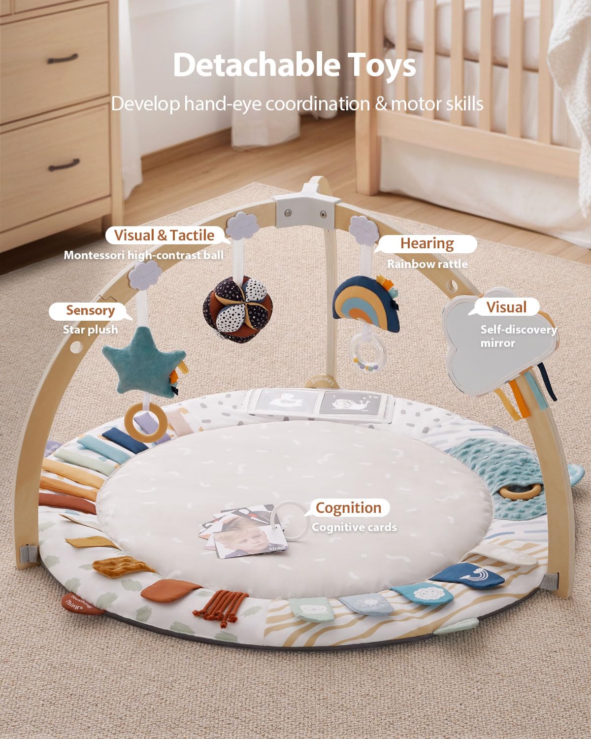 Blissful Diary Baby Play Gym & Activity Mat, 5 Developmental Zones Wooden Tummy Time Mat with 5 Detachable Sensory Toys for Motor Skills & Sensory Development, Baby Essentials Shower Gift