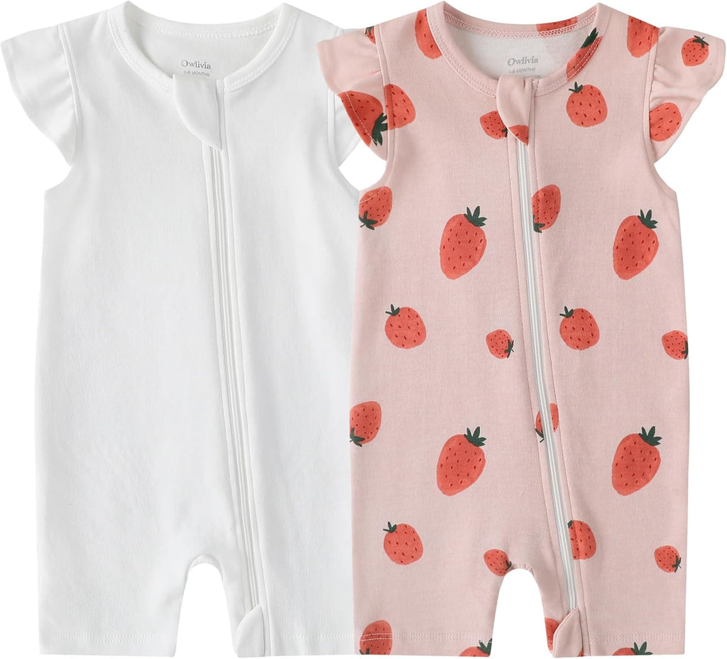 Owlivia Baby Short Sleeve Summer Romper Set, 2 Pack Tank Jumpsuit for Girls and Boys, Cartoon One Piece Coverall Outfit