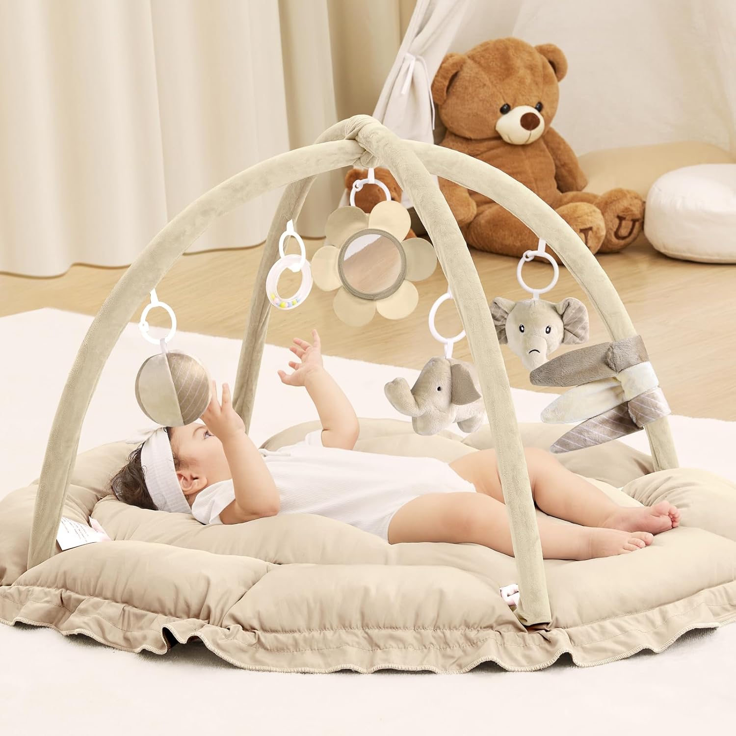 ANGELBLISS 5 in 1 Baby Play Gym Mat, Reversible Tummy Time Mat with 5 Sensory Toys for Stage-Based Developmental, Thick & Large Baby Activity Center from Newborn to Toddler (Khaki)
