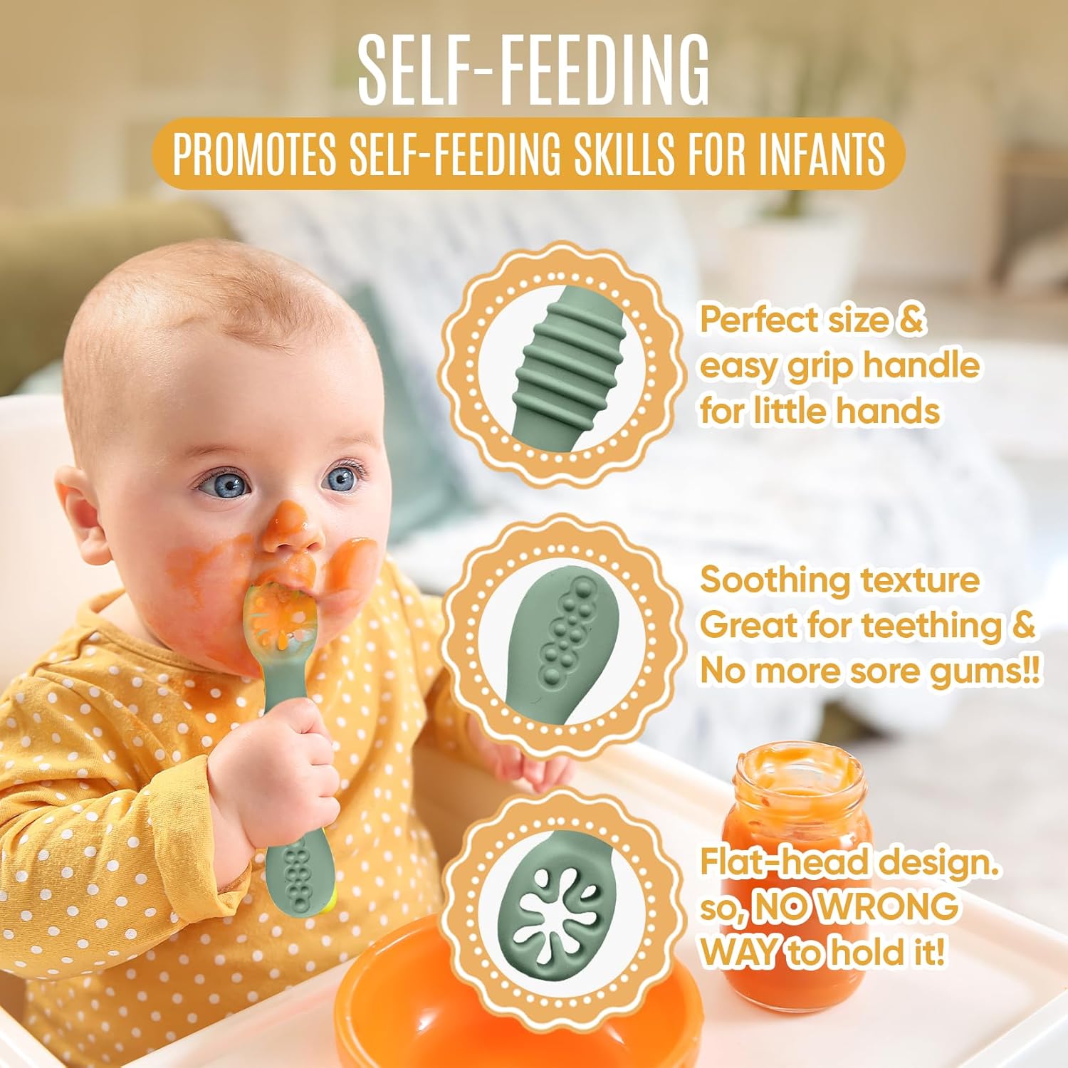 4pc Silicone Baby Spoons Self Feeding Baby Utensils 6-12 Months - 3 Baby Spoon - 1 Baby Fork - Toddler Cutlery Set - BPA Free, Dishwasher Safe - Baby Eating Essentials (Green/Yellow) - Small