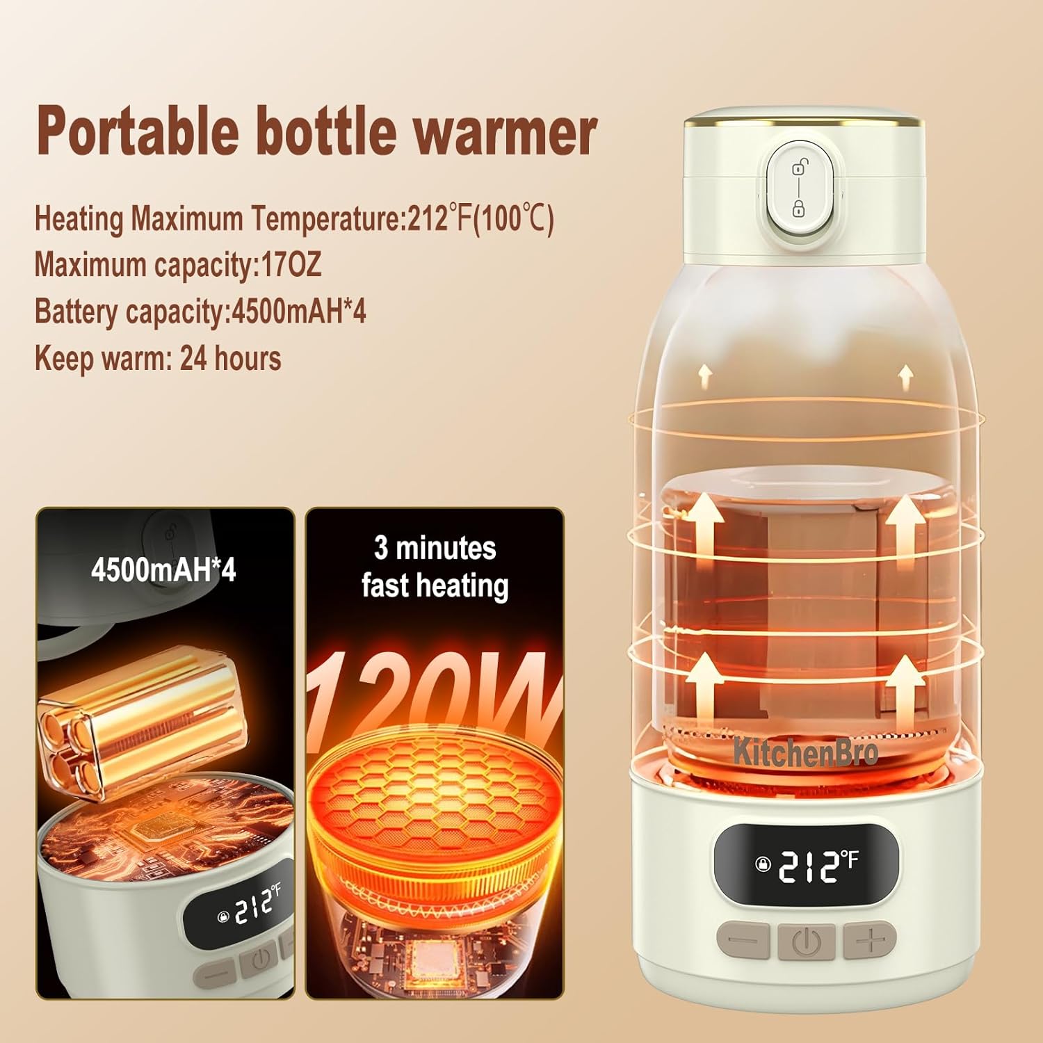 Portable Bottle Warmer for Travel-Various Heating Modes for Breast Milk& Water&Tea. 17 Ounces Large Capacity Portable Milk Warmer for Baby,Fast Heating Speed and Long Battery Life with High Capacity