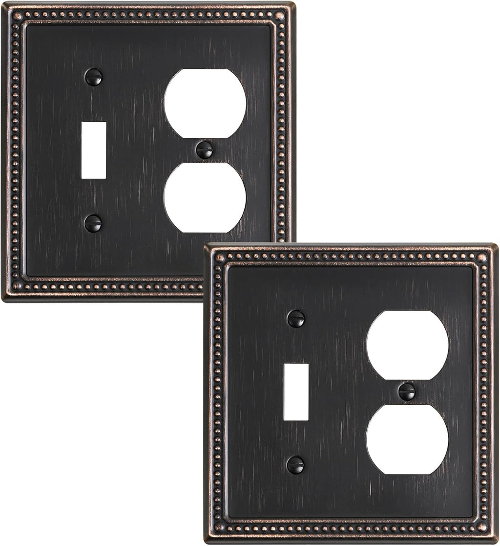 2-Pack Combo Toggle/Duplex Light Switch Cover Plate, Aged Bronze Metal Wall Outlet Cover Plate, Decorative Classic Beaded Wall Socket Receptacle Cover for Electrical Outlets, Light Switch