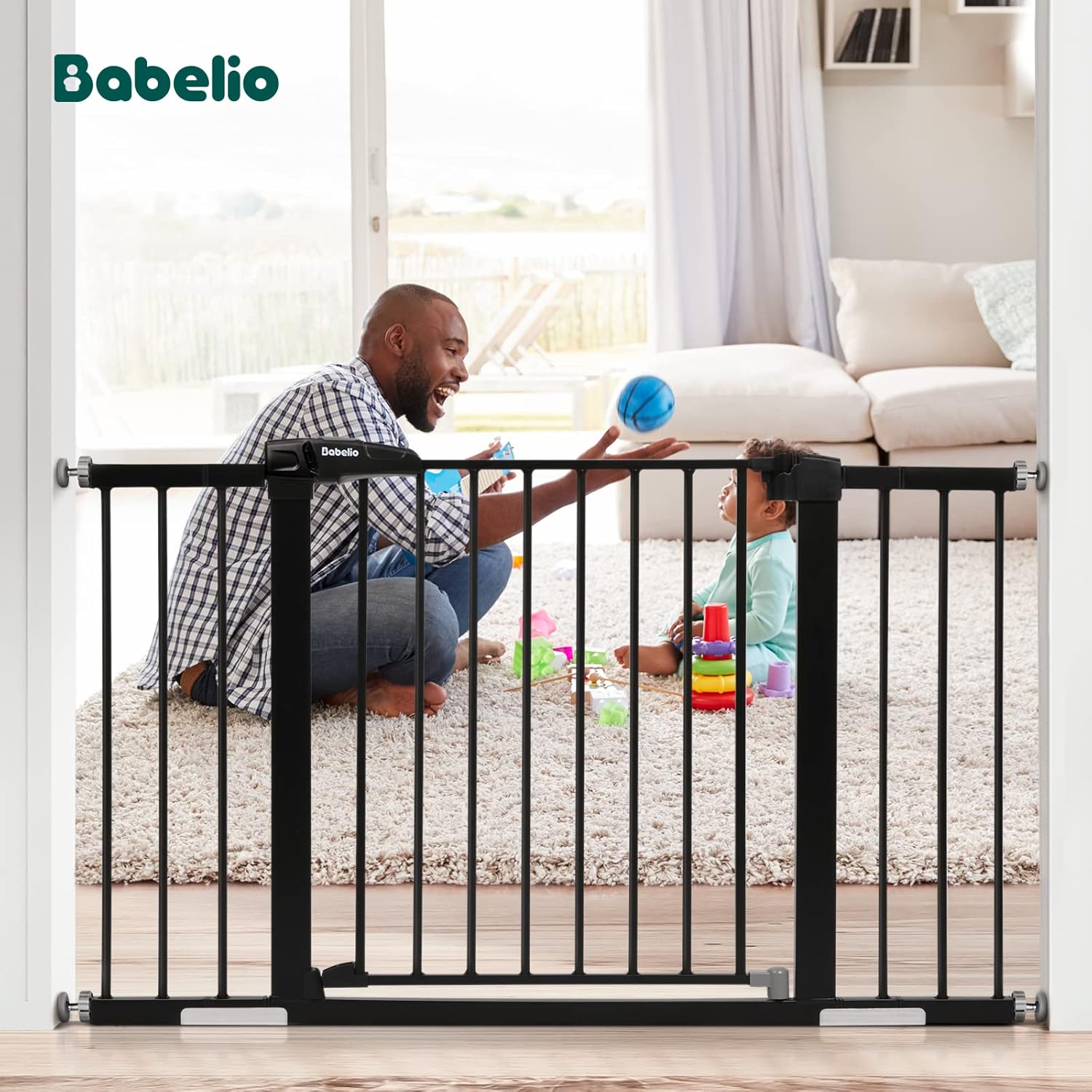 Babelio Baby Gate for Doorways and Stairs, 29-48" Auto Close Dog Gate, Easy-Install Pressure Mounted Satey Door, No Drilling Safety Gate for Child and Pets, 2 Pack, Black