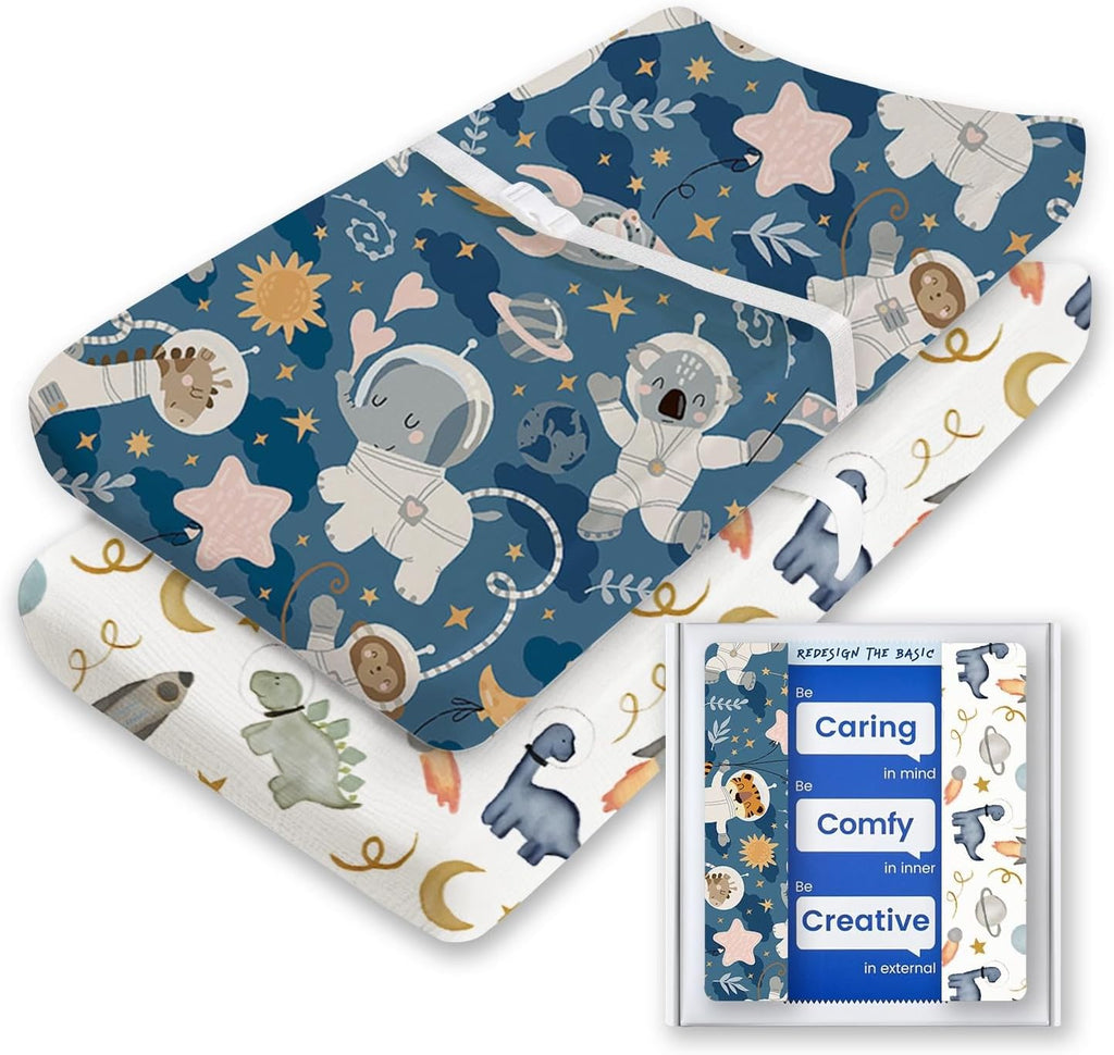 Changing Pad Cover for Girls Boys, TotBasic Premium Soft Boho Changing Table Covers, Stretchy Jersey Changing Table Sheets - Fits All Standard Changing Tables - 2 Pack (Dino Space)