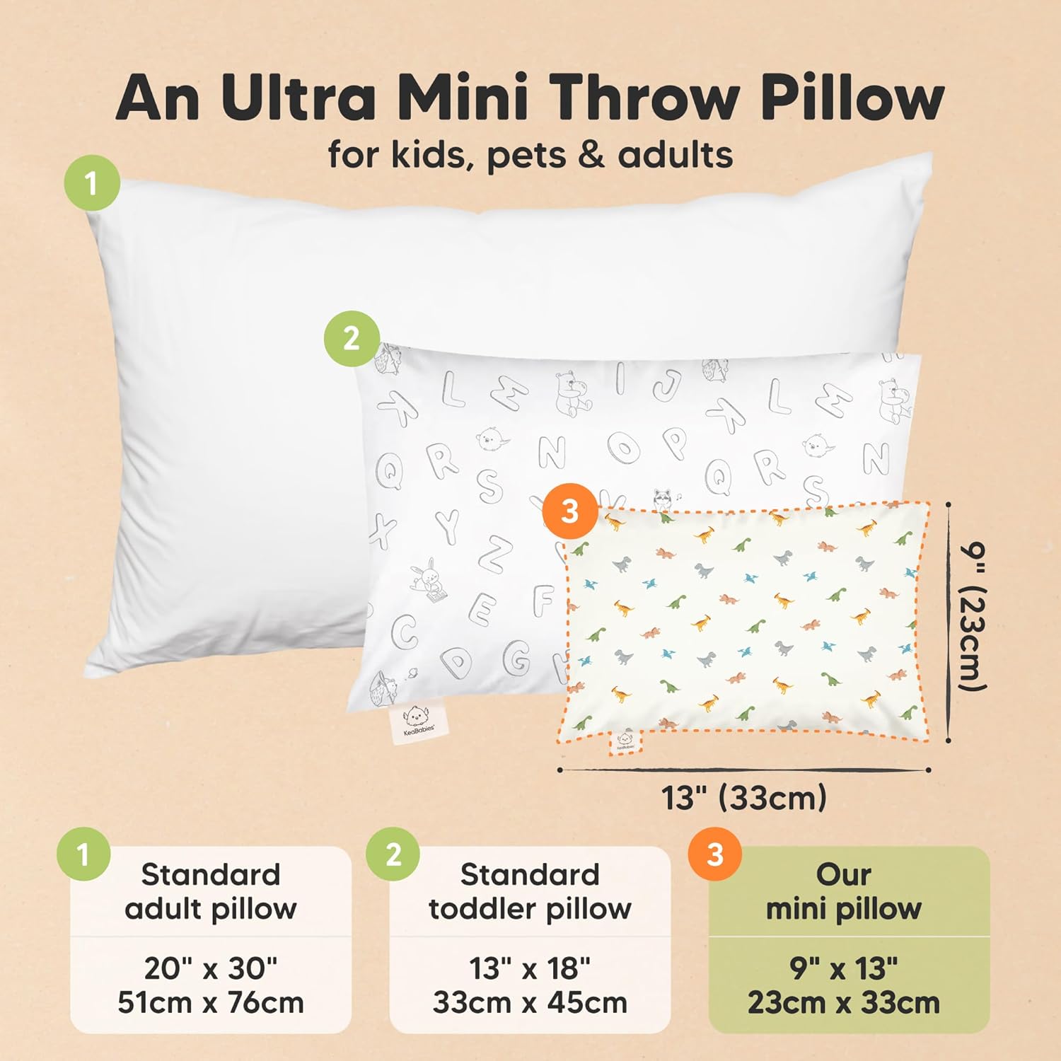 Mini Toddler Pillow with Pillowcase - 9x13 My Little Dreamy Travel Kids Pillow for Sleeping, Toddler Bed, Small, Tiny, Organic Cotton Pillowcase, Soft & Breathable, Kids 2-4 Years Old (Roarsome)