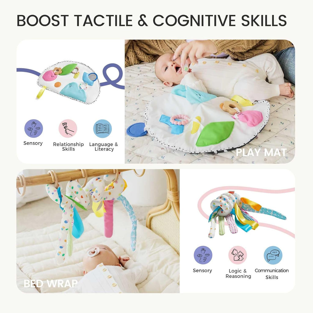 Tiny Land Montessori Baby Toy Set 0-3 Months Newborn Development Sensory Play Kit - 5-in-1 Mirror, Black & White Card Set, Rolling Bell, Play Mat, and Bed Wrap