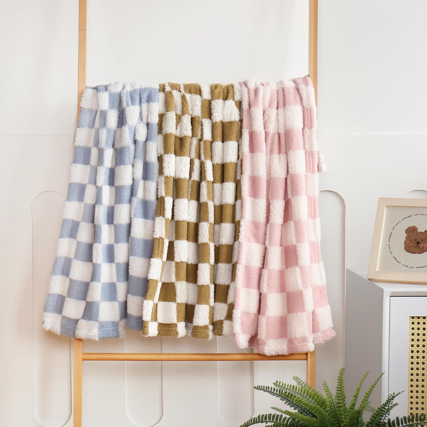 HOMRITAR Checkered Baby Blanket for Boys Girls Warm Cozy Reversible Checkerboard Toddler Blankets, Fluffy Fuzzy Plush Lightweight Bed Blanket with Chessboard Grid Design 350GSM Baby Blue 30 x 40 Inch