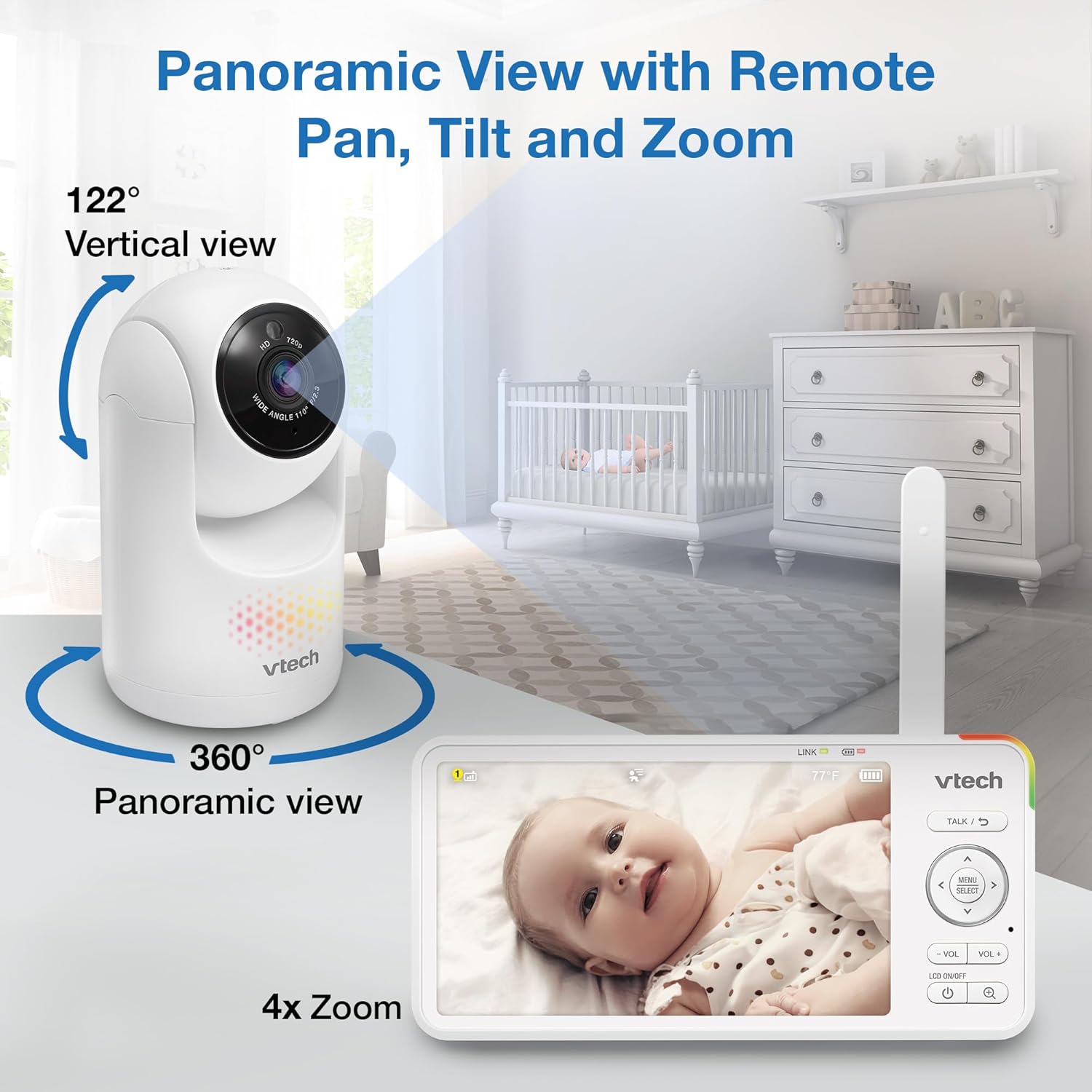 VTech 5.5" IPS Screen 720P Video Baby Monitor with Camera and Audio, Pan-Tilt-Zoom, Night Light, 2-Way Talk, Lullabies, Soothing Sounds, Long Battery Life, No WiFi: Advanced HD Plus